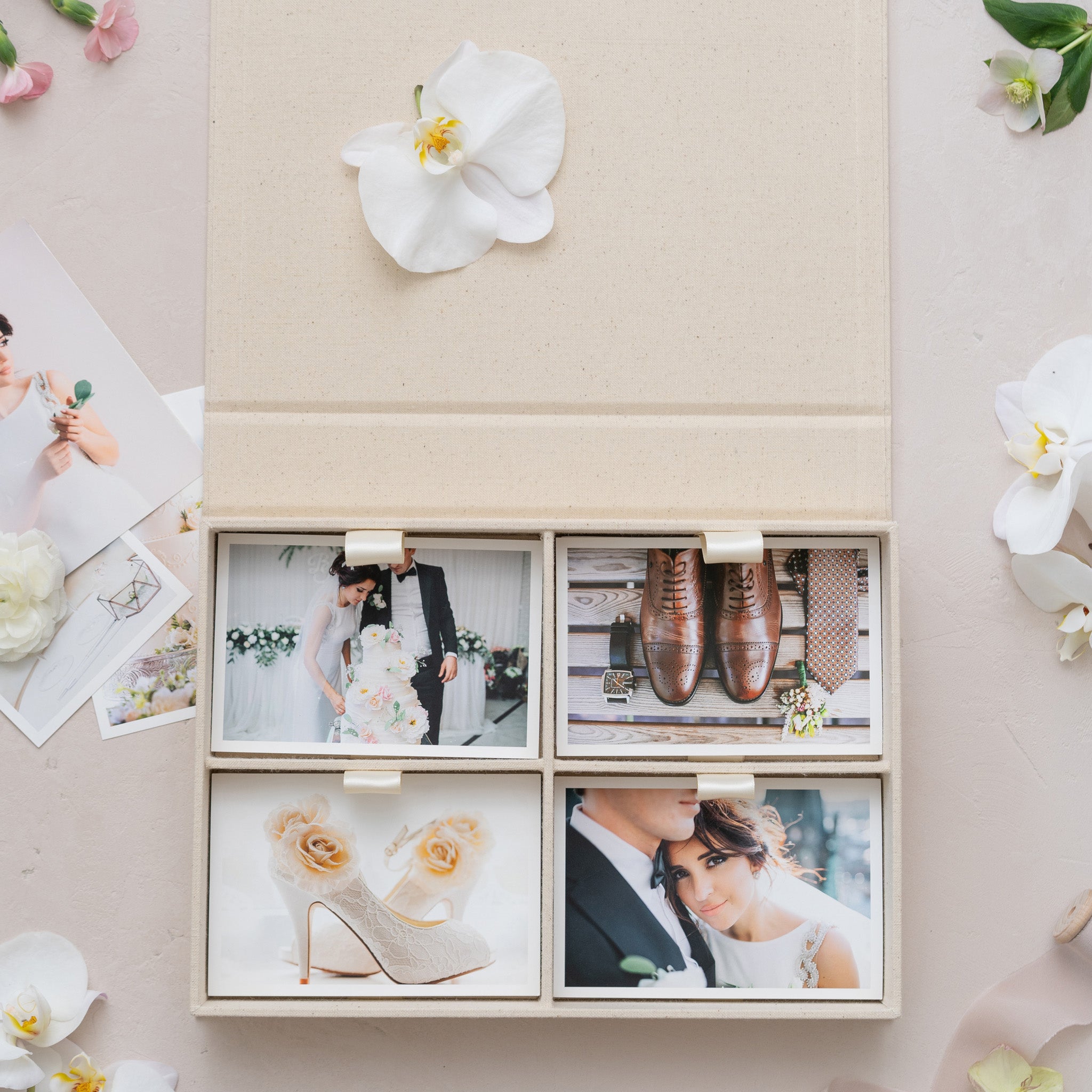 A four-page photo album with various wedding-related images, including a bride and groom, wedding decorations, and a pair of shoes.
