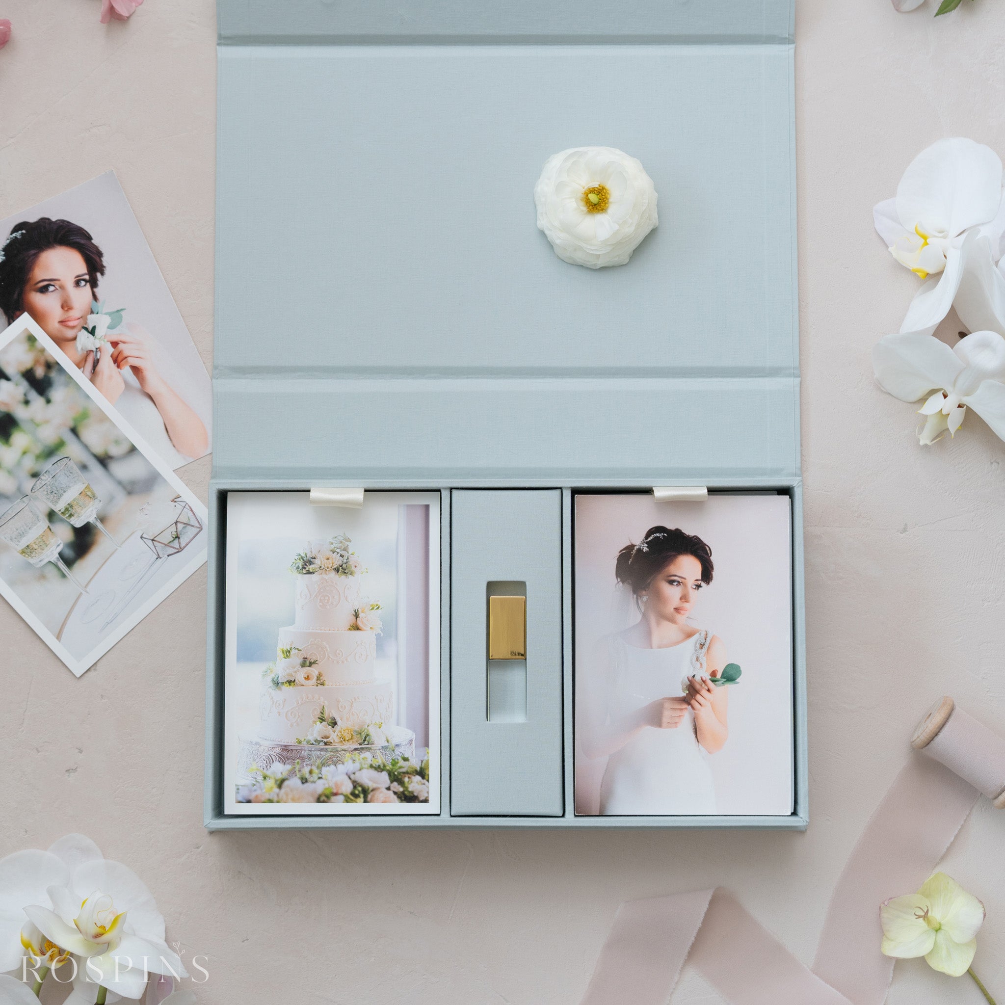 Linen Double Photo & USB Box - Beau Blue