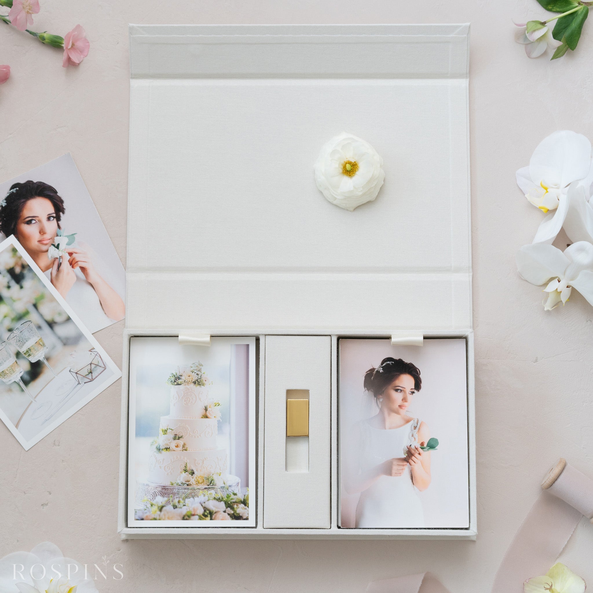 Linen Double Photo & USB Box - Creamy White