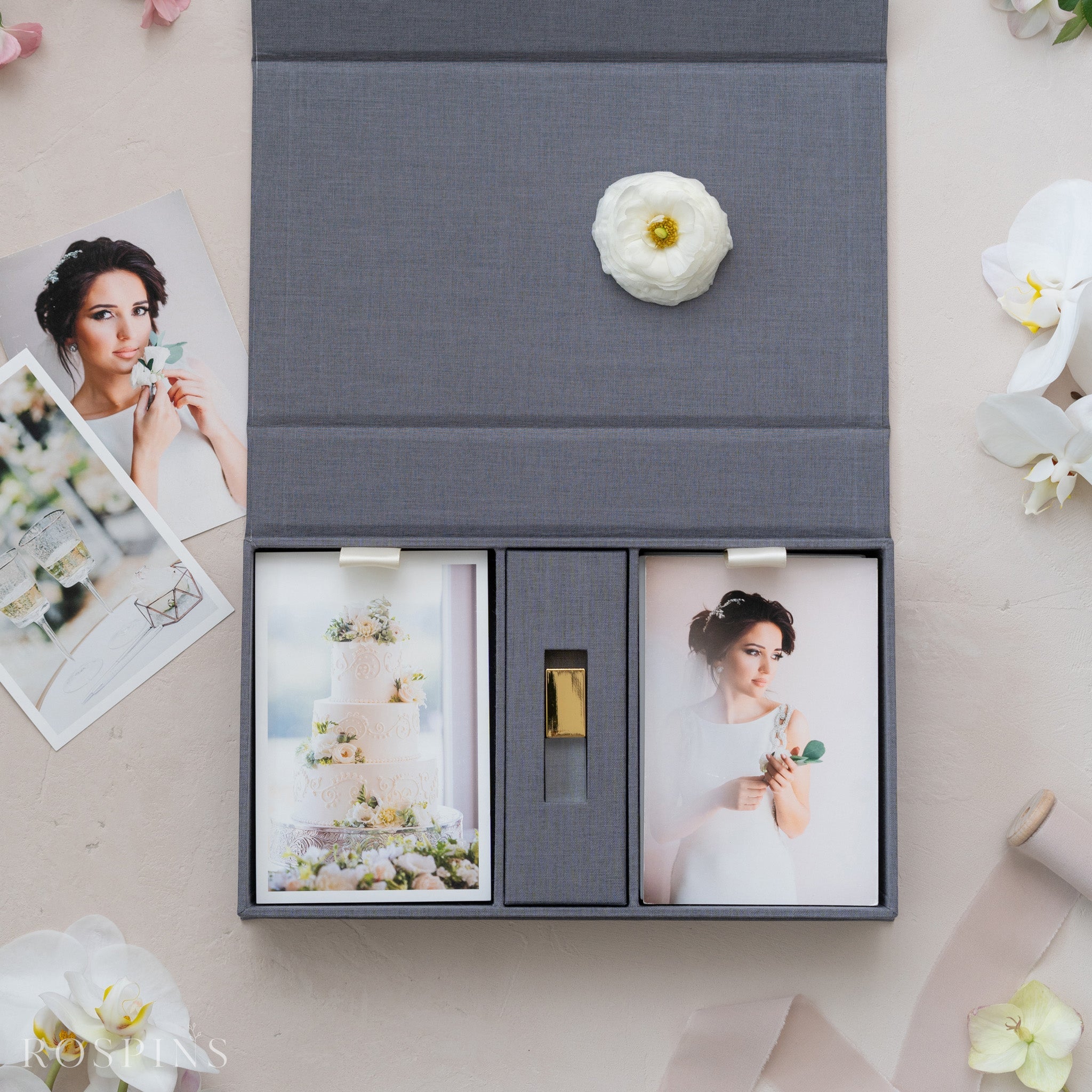 Linen Double Photo & USB Box - Dark Grey