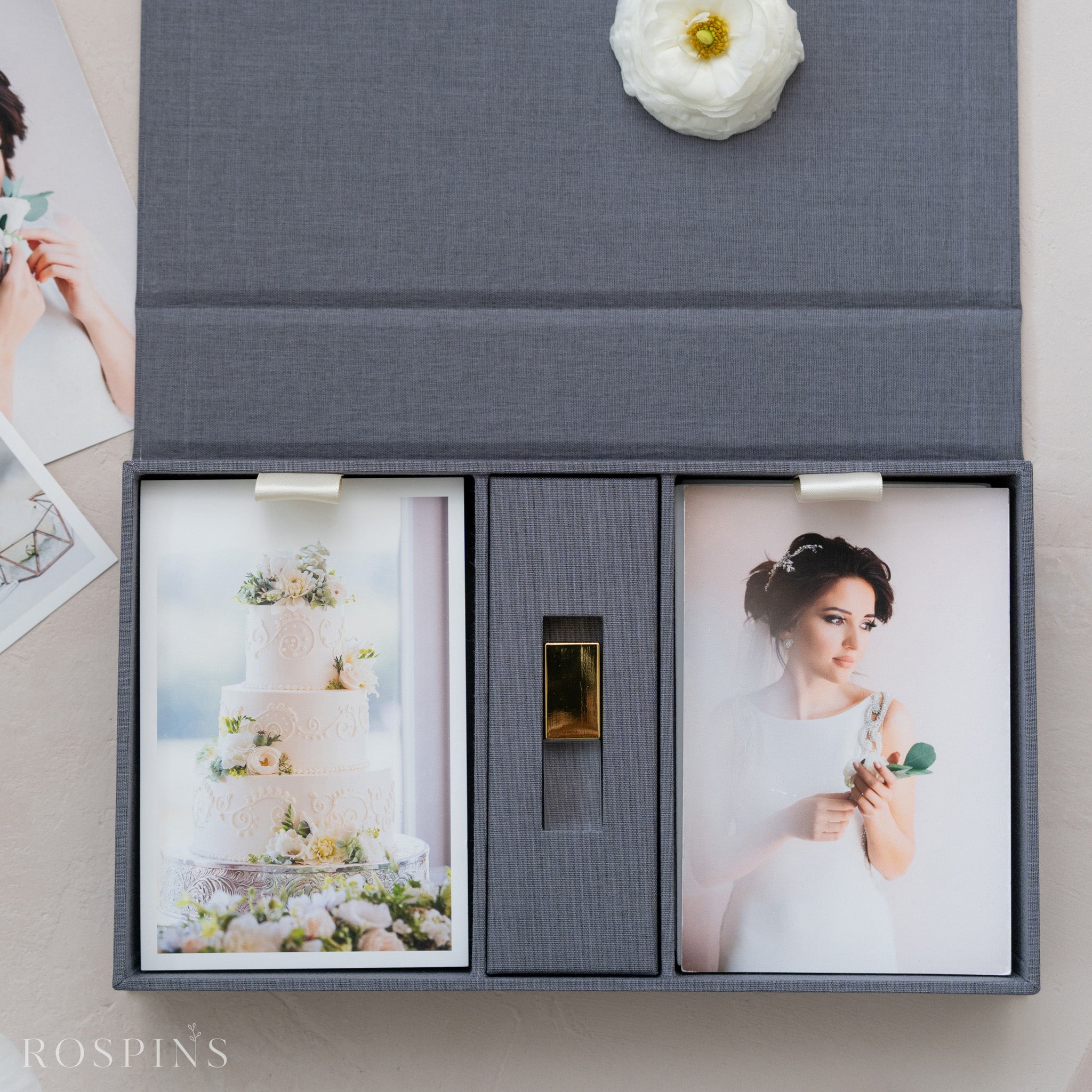 Linen Double Photo & USB Box - Dark Grey