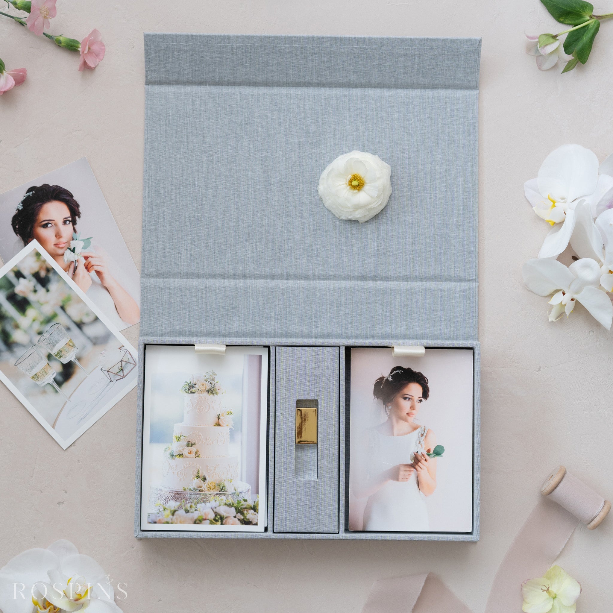 Linen Double Photo & USB Box - Heather Grey