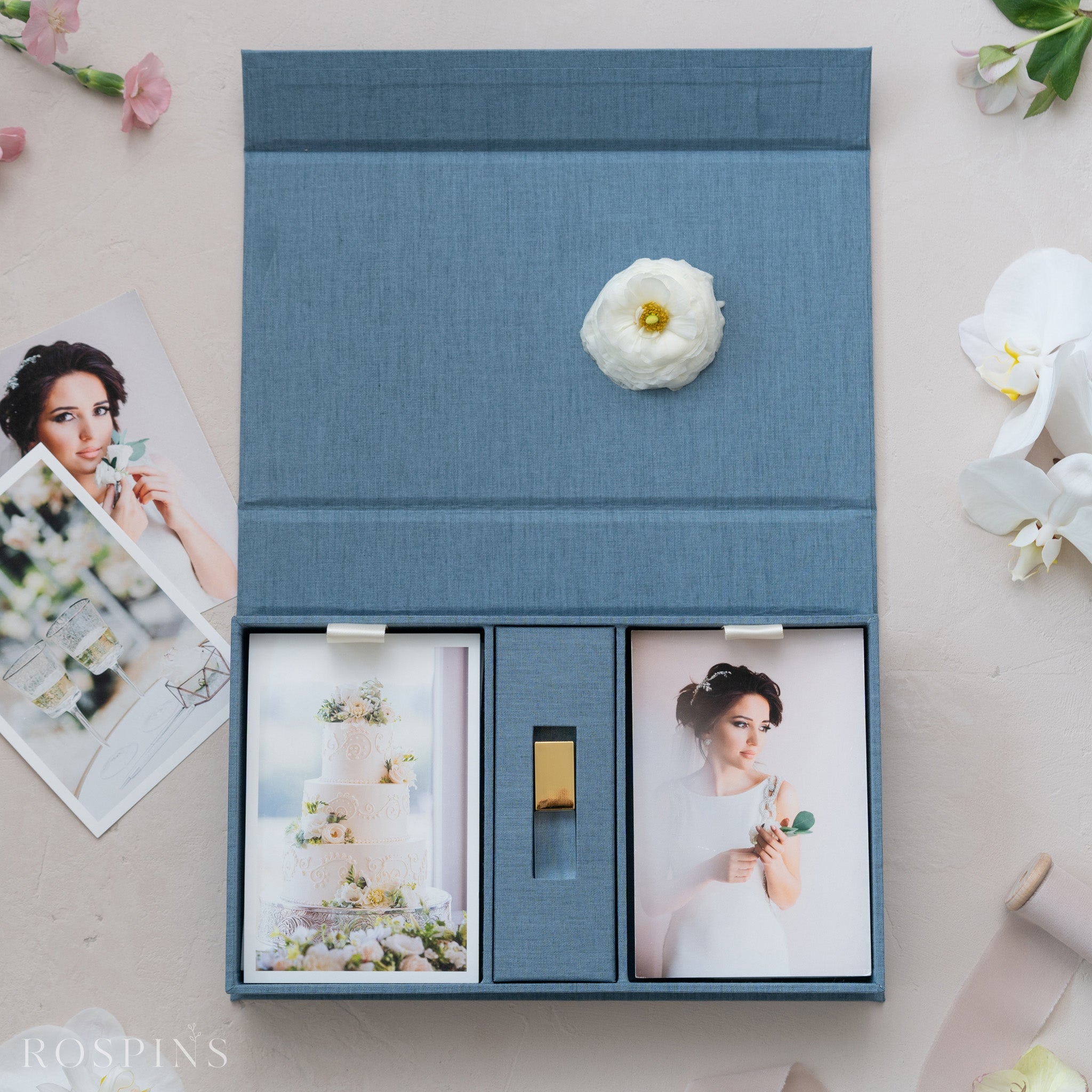 Linen Double Photo & USB Box - Lake Blue