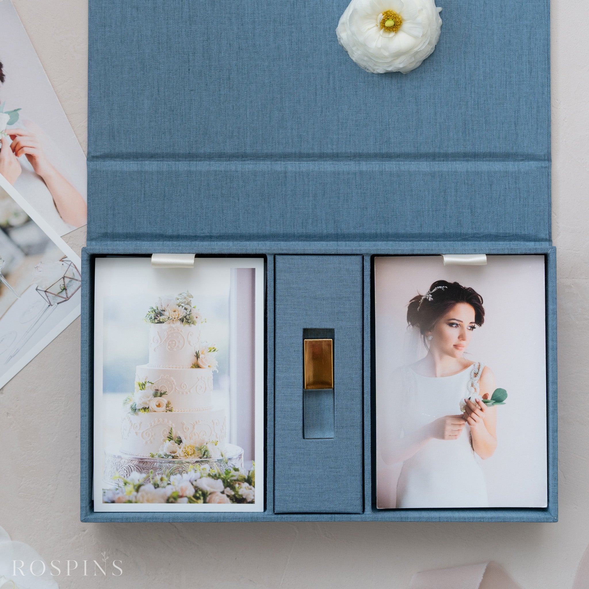 Linen Double Photo & USB Box - Lake Blue