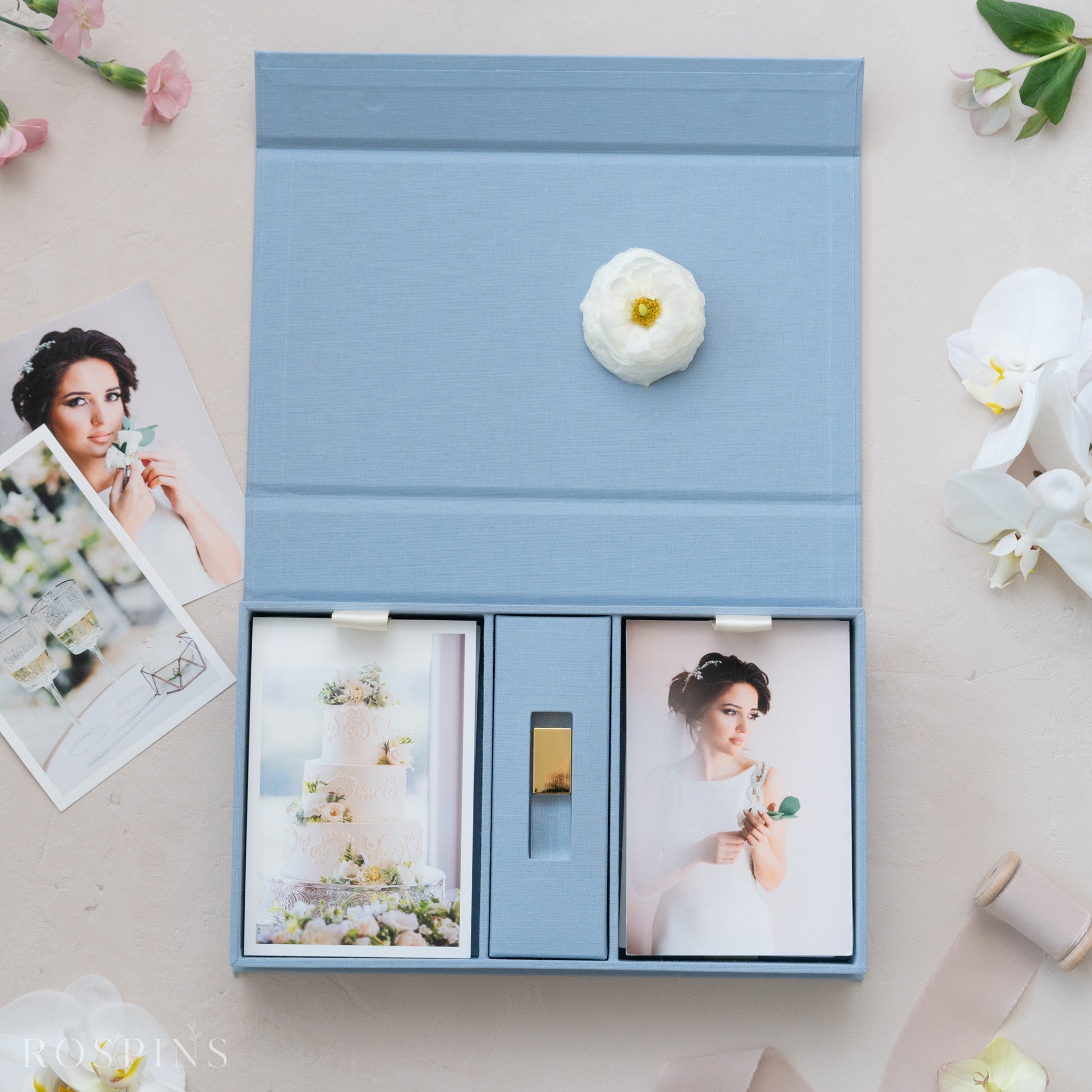 Linen Double Photo & USB Box - Light Blue