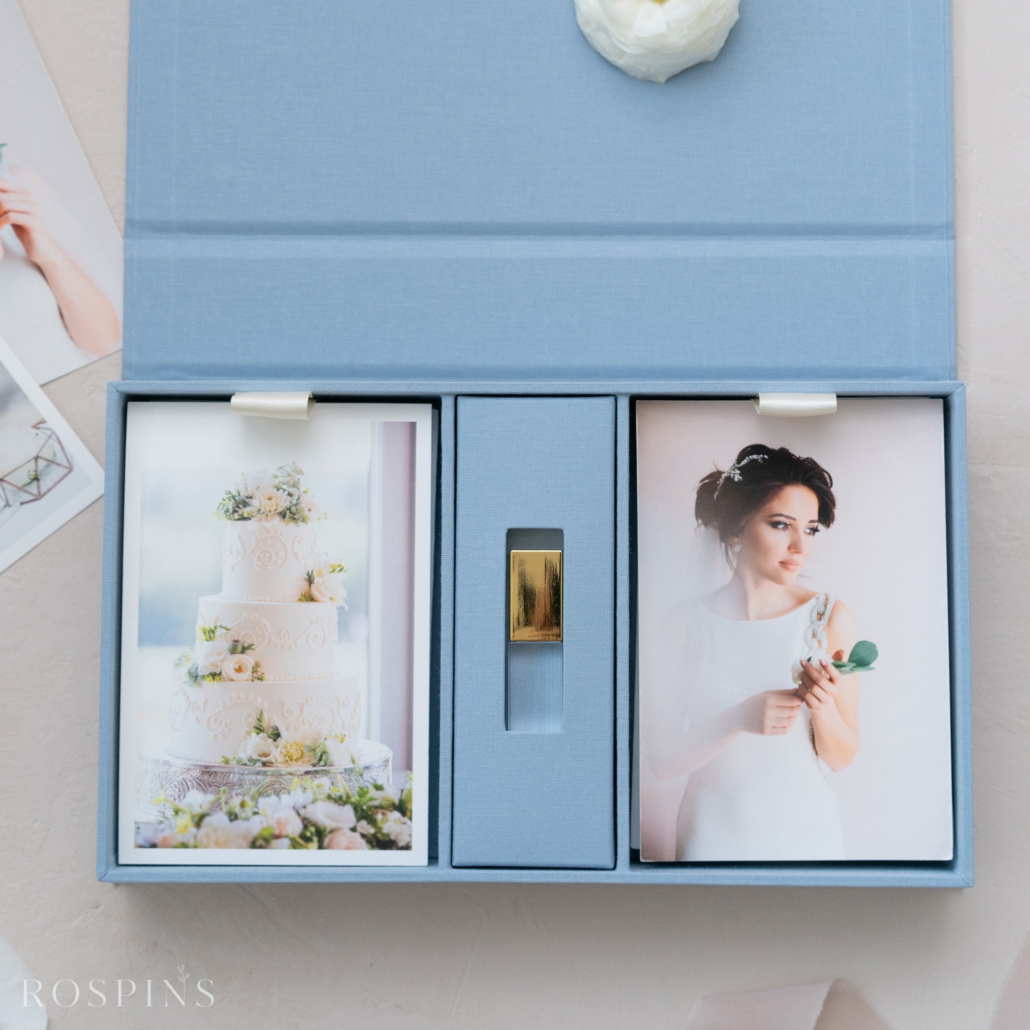 Linen Double Photo & USB Box - Light Blue