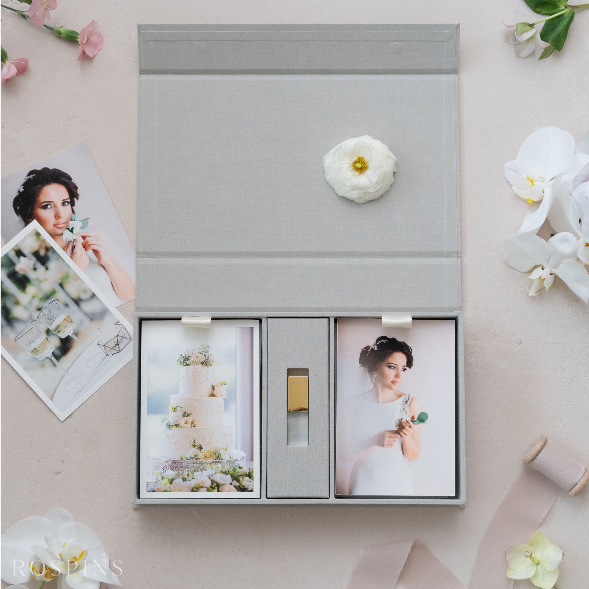 Linen Double Photo & USB Box - Light Grey