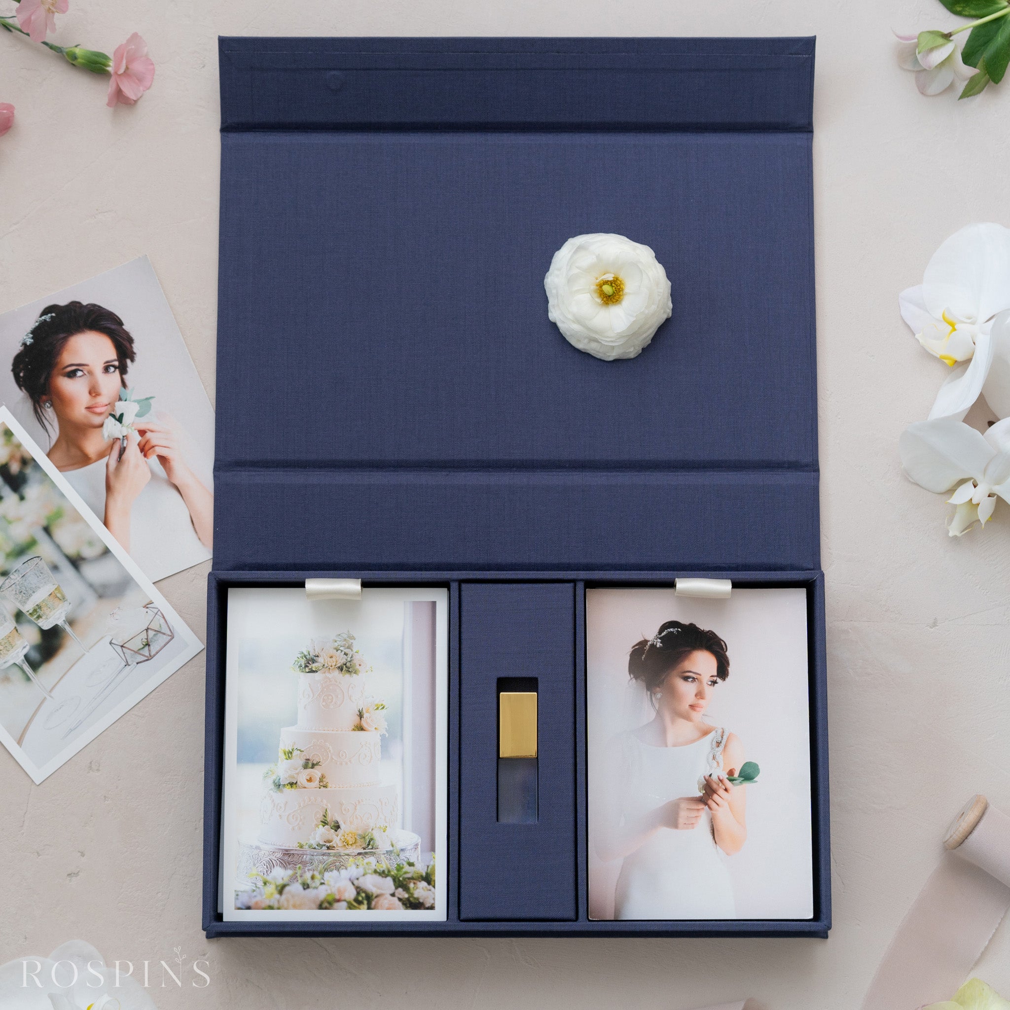 Linen Double Photo & USB Box - Navy