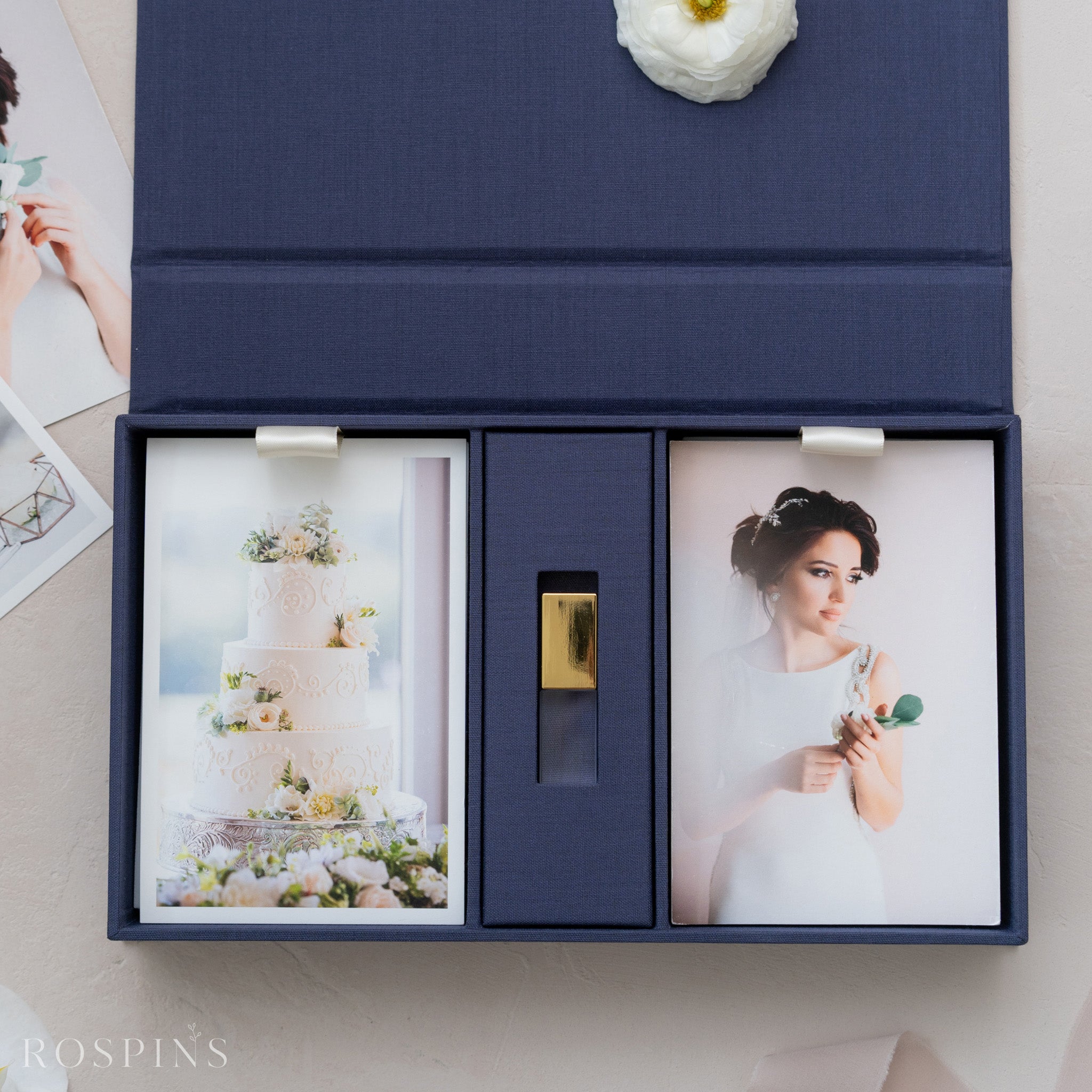 Linen Double Photo & USB Box - Navy