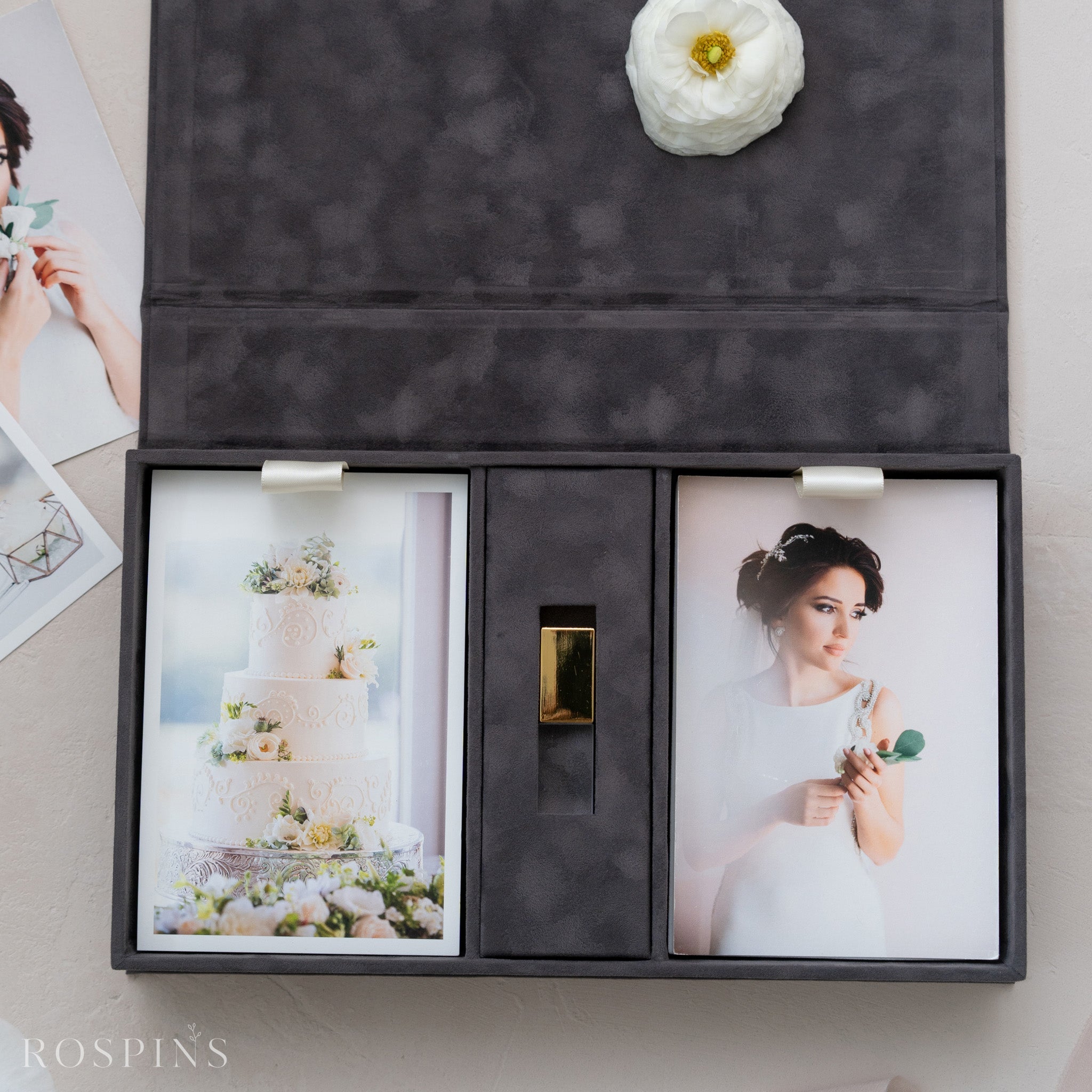 Velvet Double Photo & USB Box - Charcoal Grey