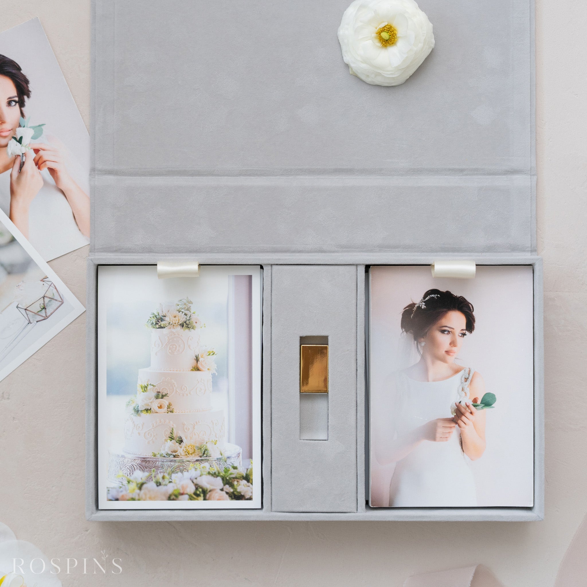 Velvet Double Photo & USB Box - Pale Grey