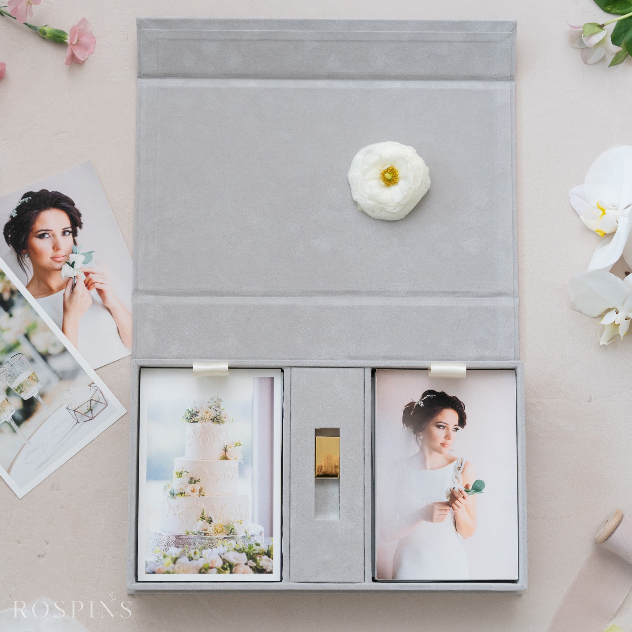 Velvet Double Photo & USB Box - Pale Grey