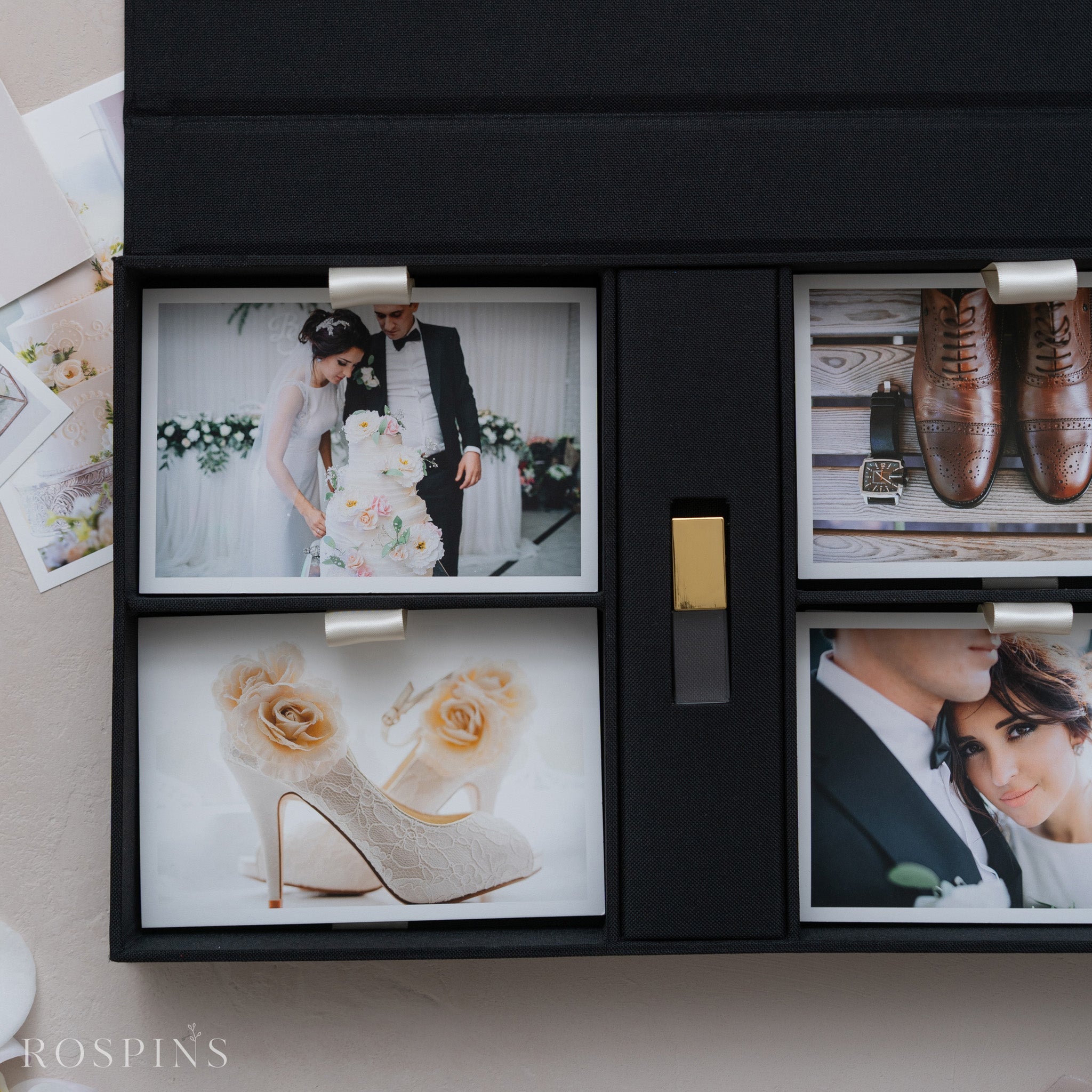 Linen Four-Compartment Photo & USB Box - Black