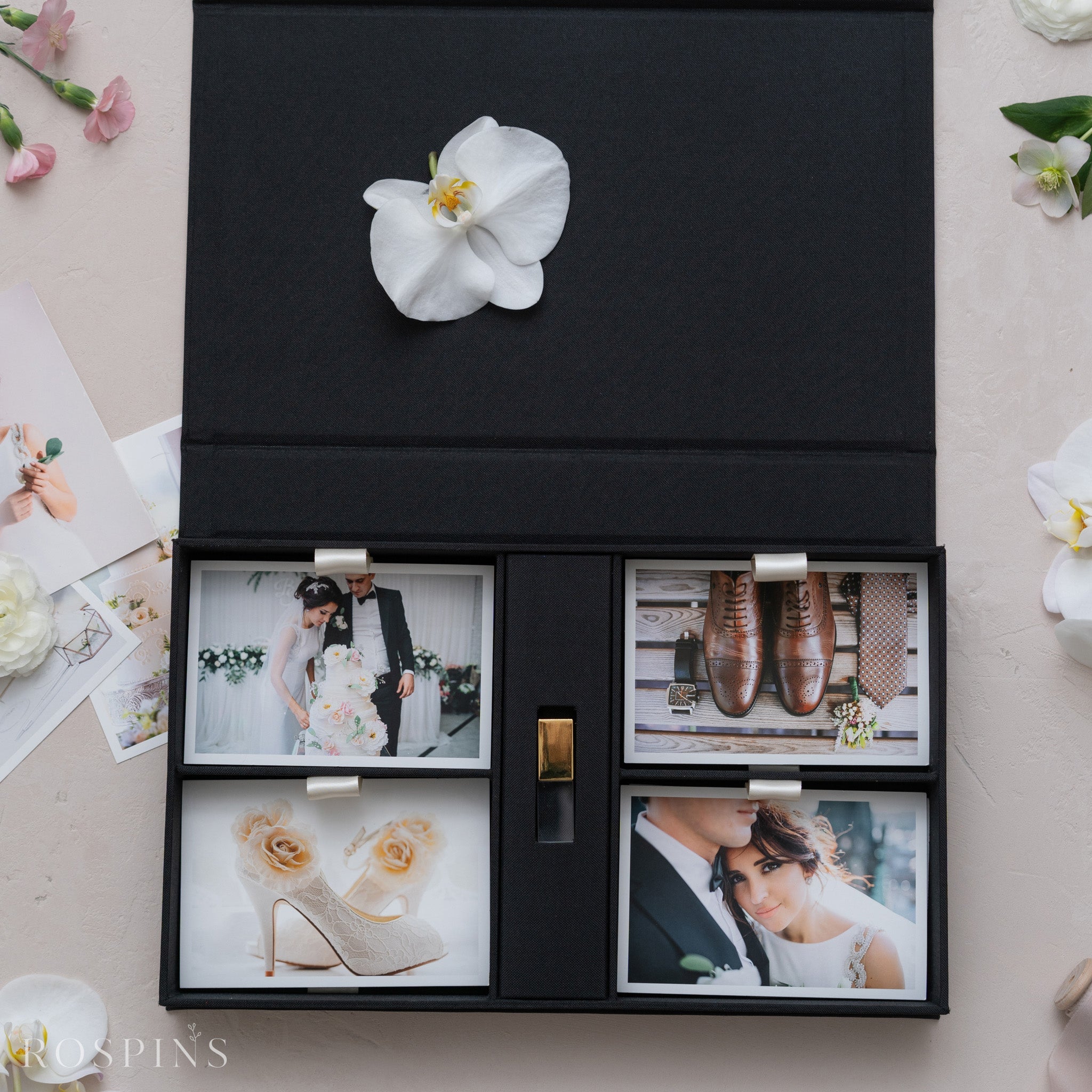 Linen Four-Compartment Photo & USB Box - Black