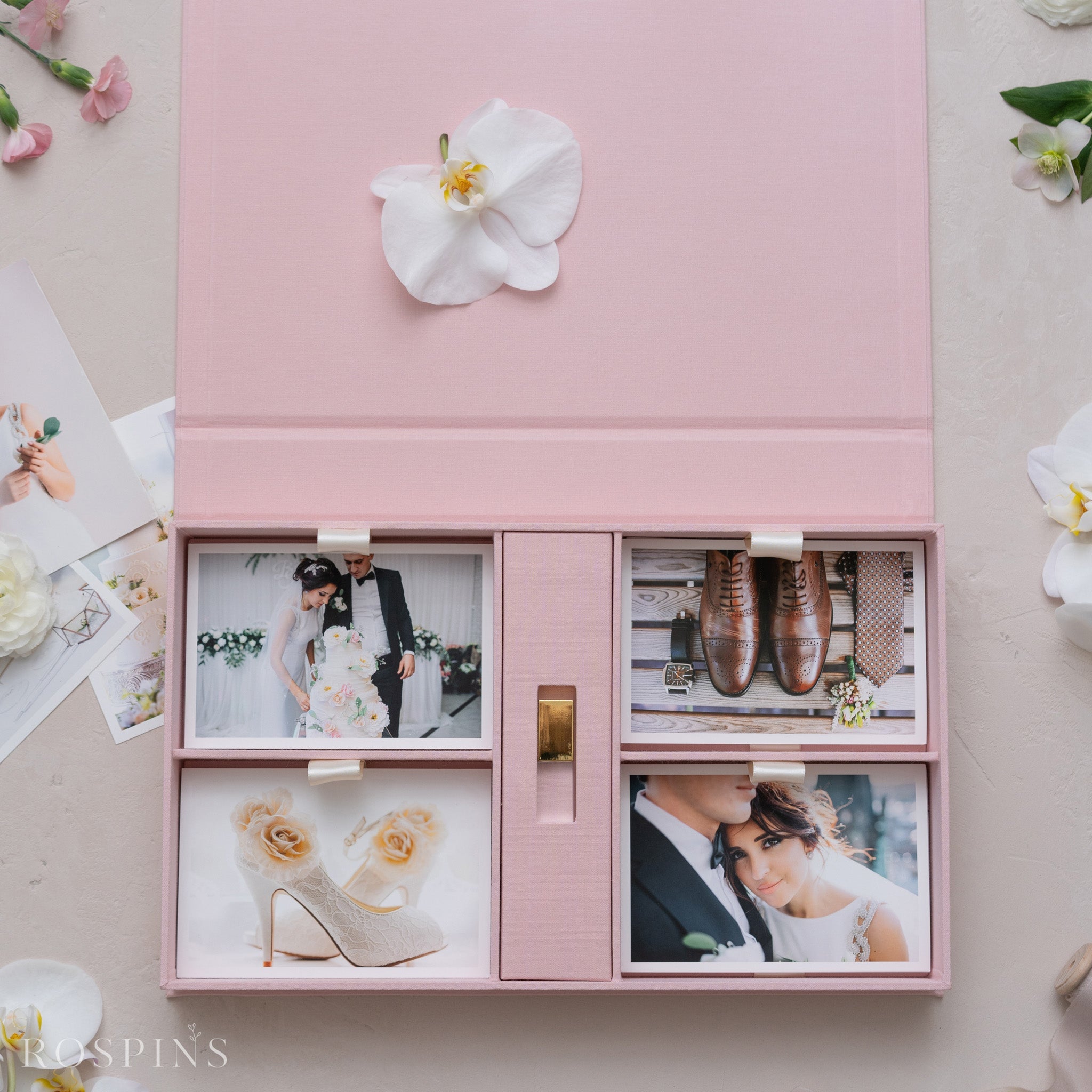 Linen Four-Compartment Photo & USB Box - Blush