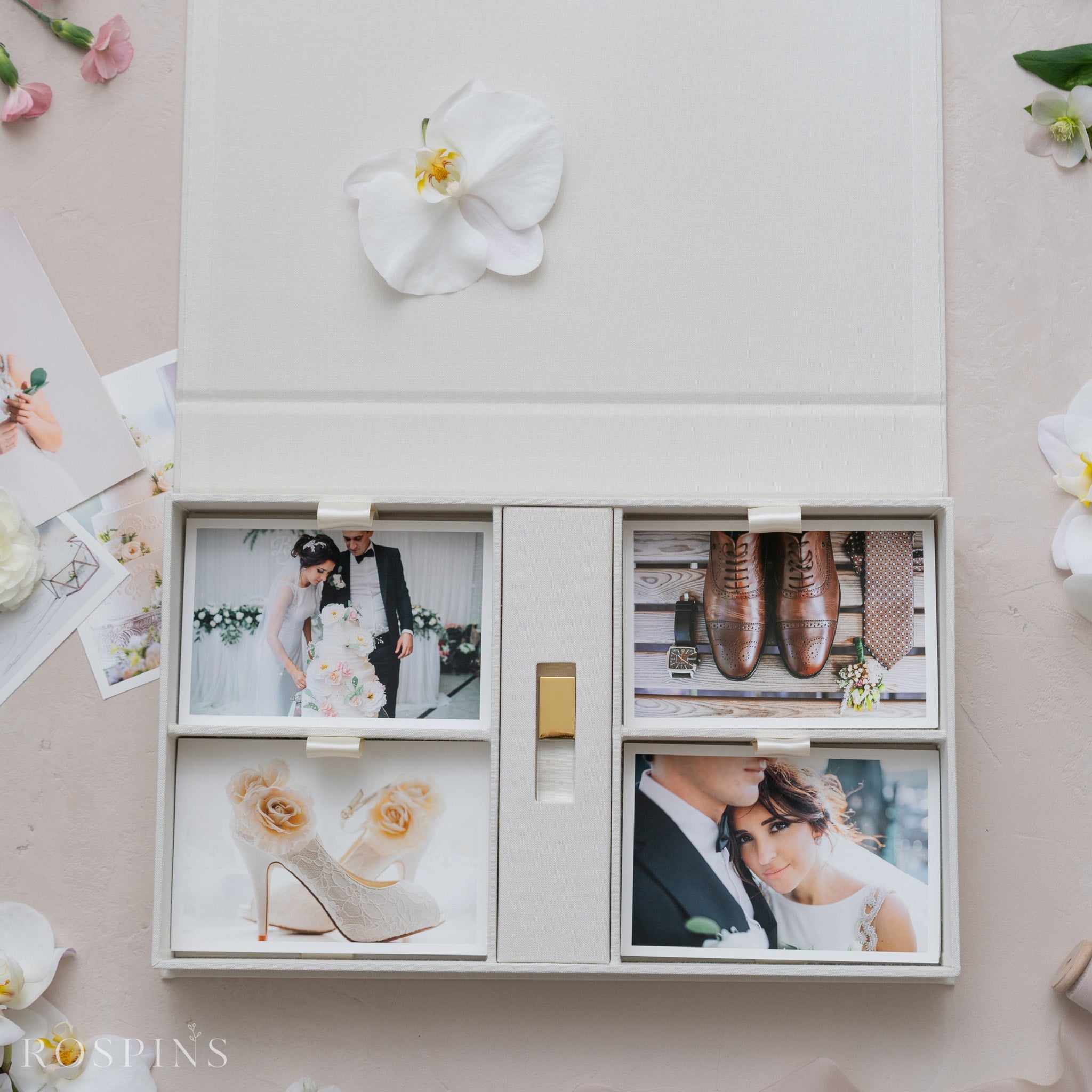 Linen Four-Compartment Photo & USB Box - Creamy White