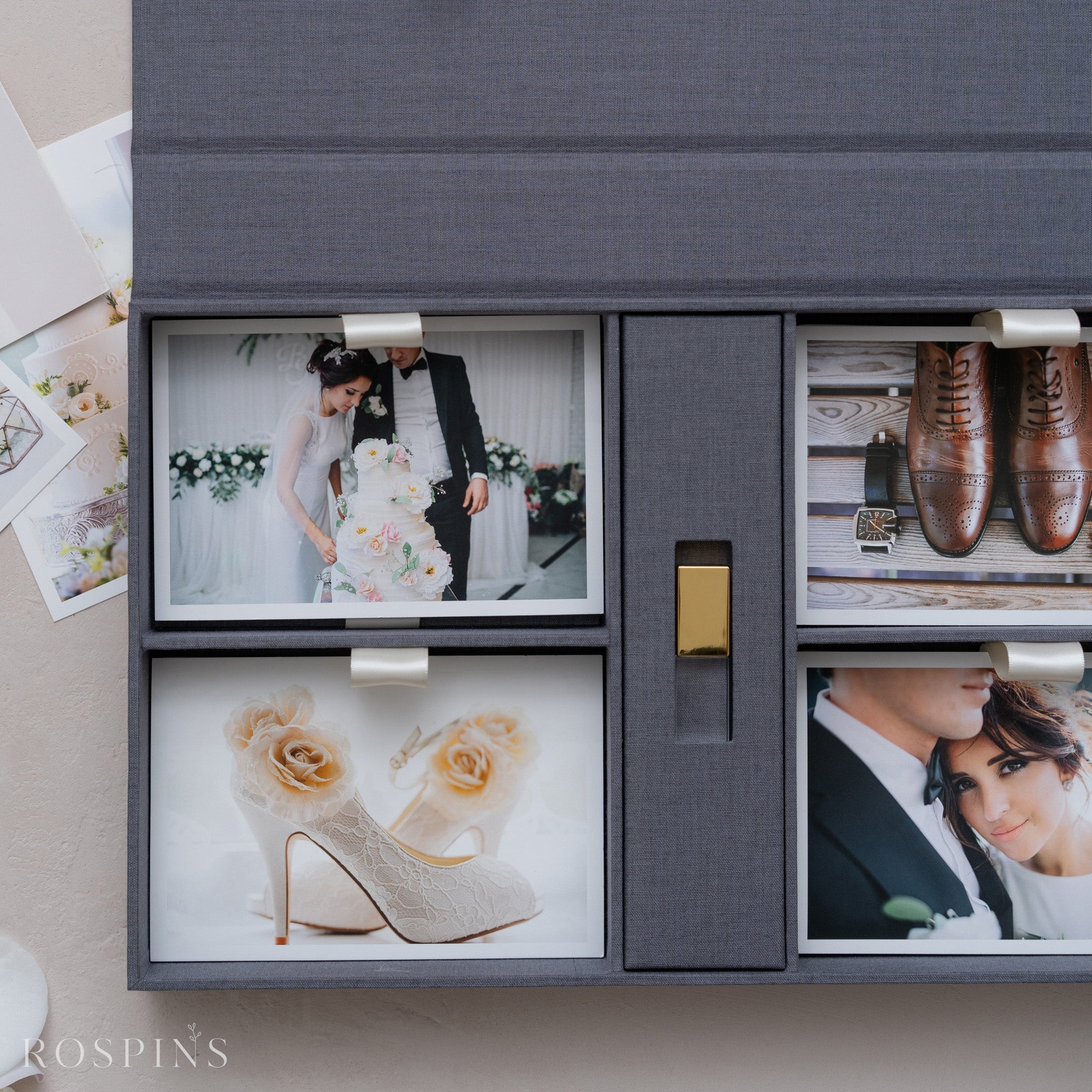 Linen Four-Compartment Photo & USB Box - Dark Grey