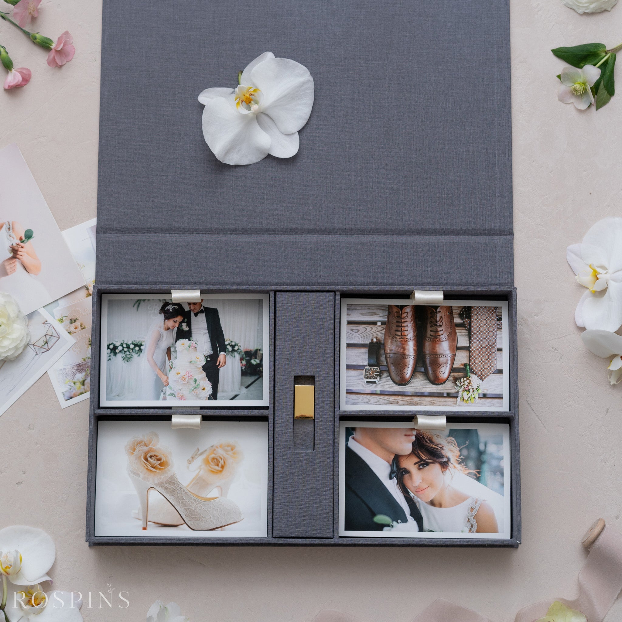 Linen Four-Compartment Photo & USB Box - Dark Grey