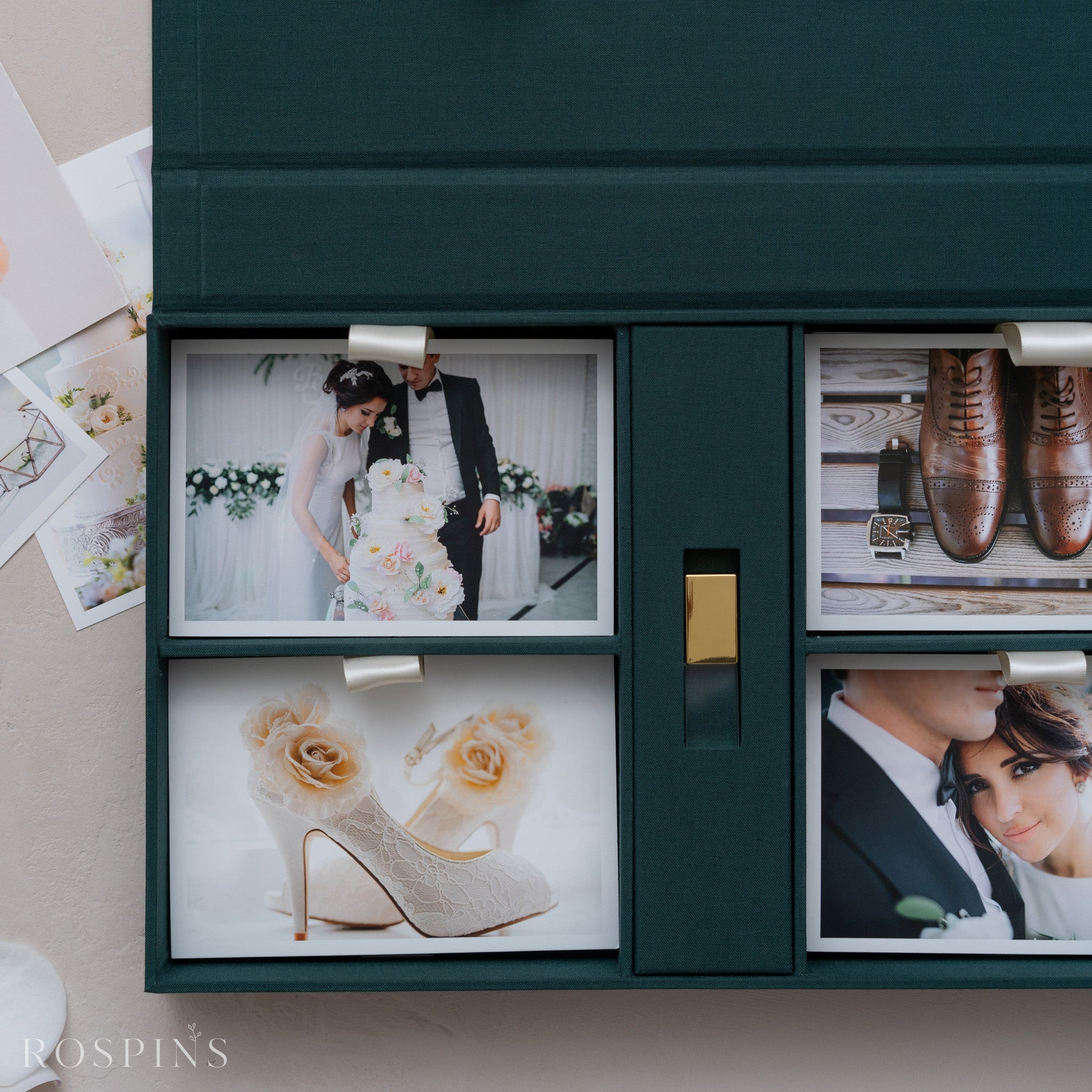 Linen Four-Compartment Photo & USB Box - Emerald Green