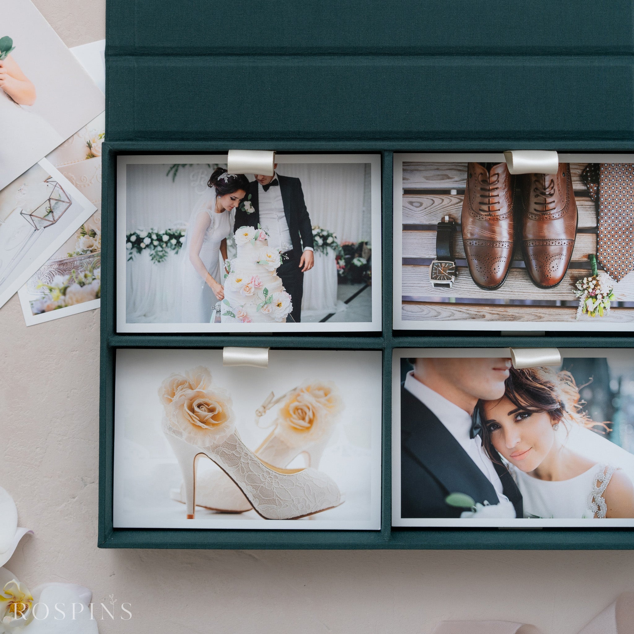 Linen Four-Compartment Photo Box - Emerald Green