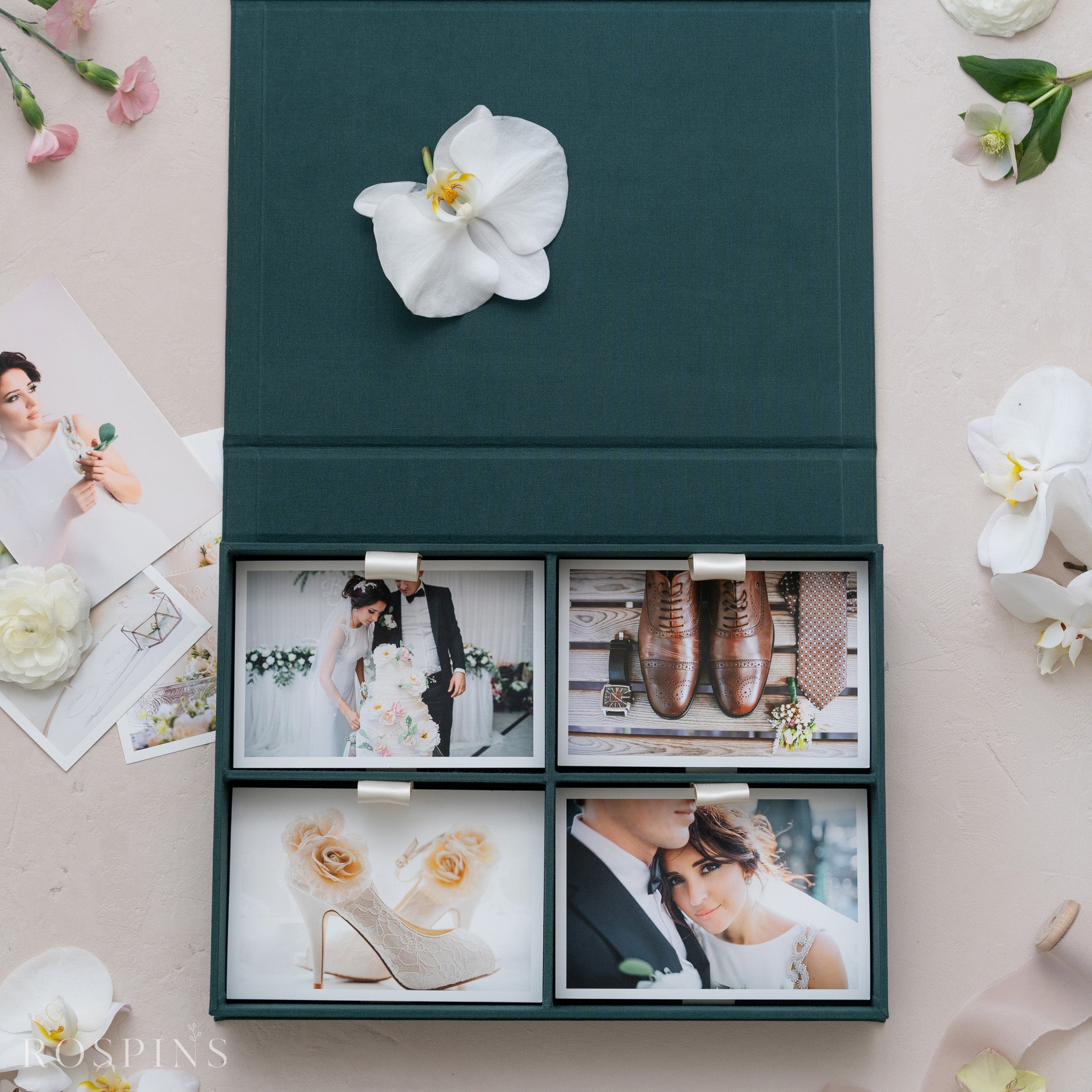 Linen Four-Compartment Photo Box - Emerald Green