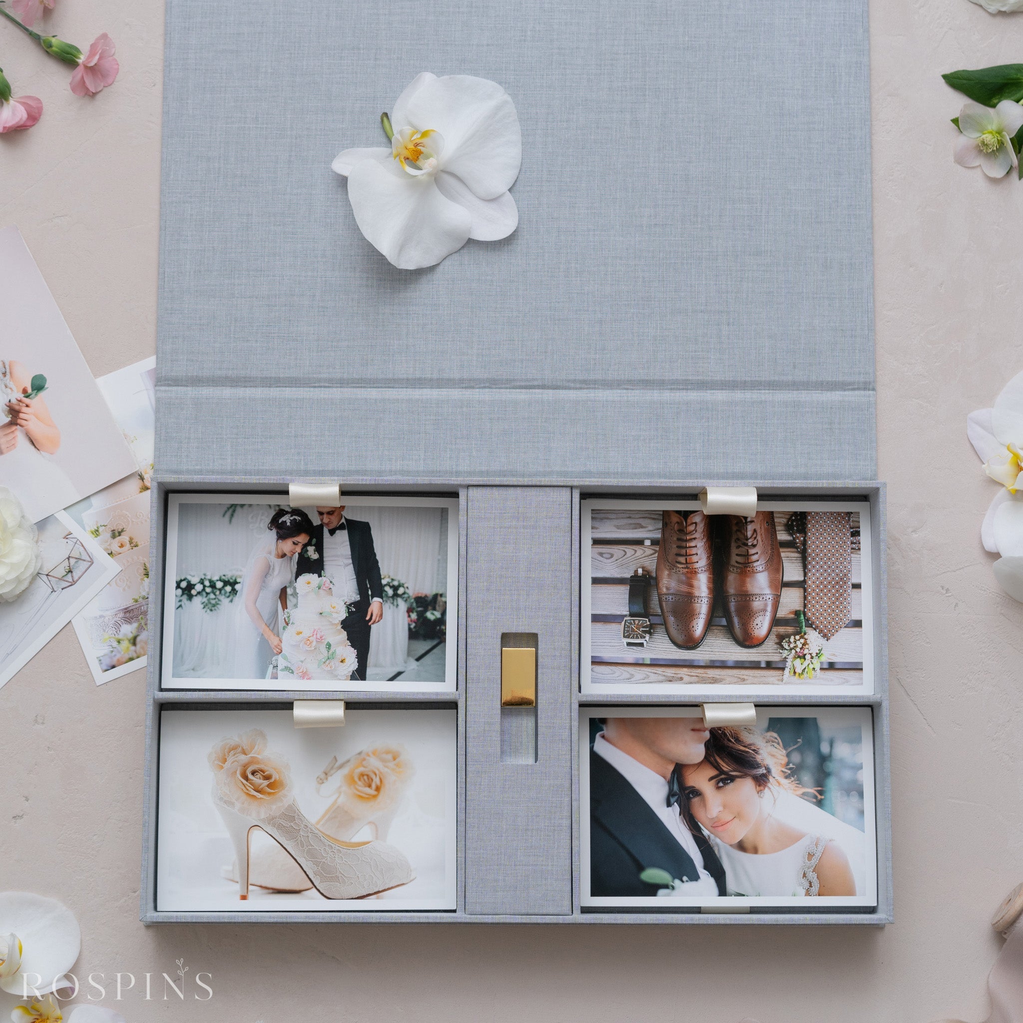 Linen Four-Compartment Photo & USB Box - Heather Grey