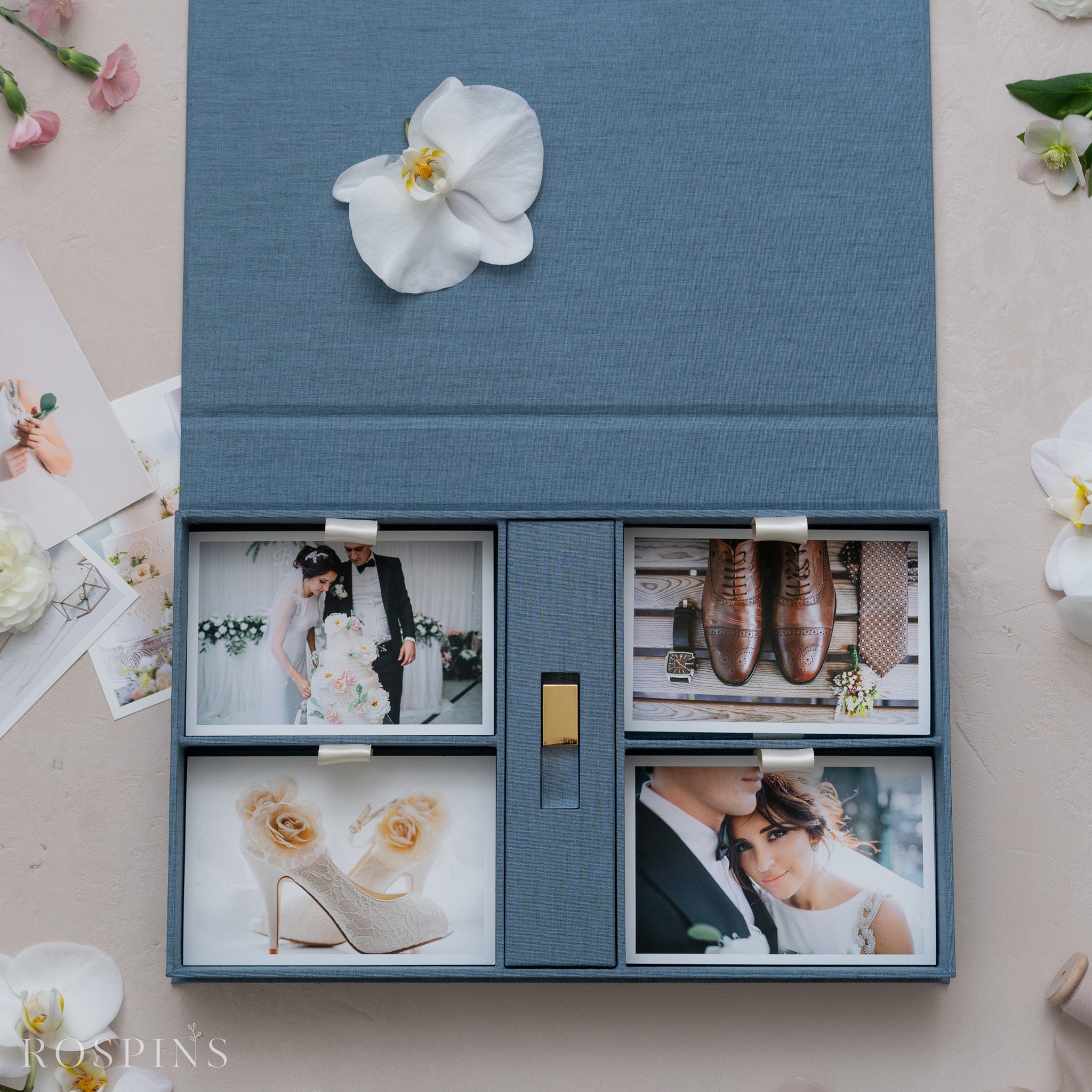 Linen Four-Compartment Photo & USB Box - Lake Blue