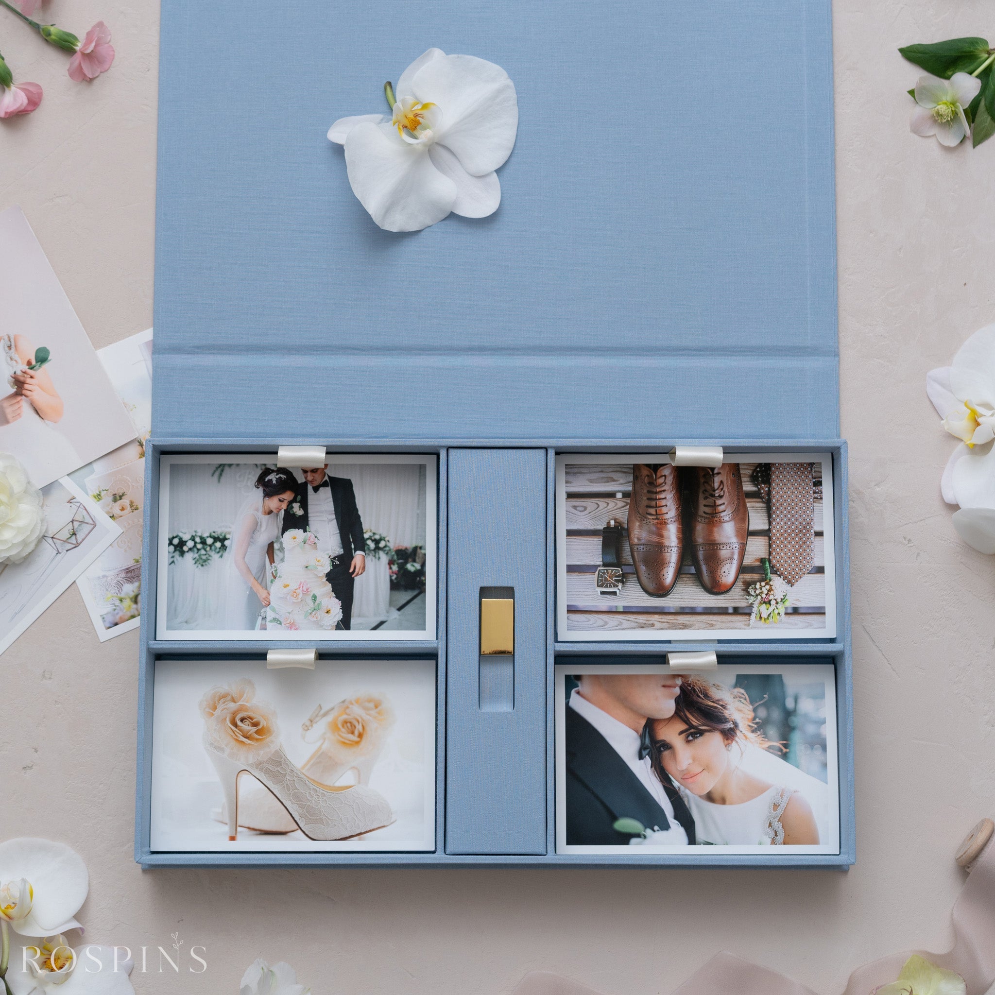 Linen Four-Compartment Photo & USB Box - Light Blue