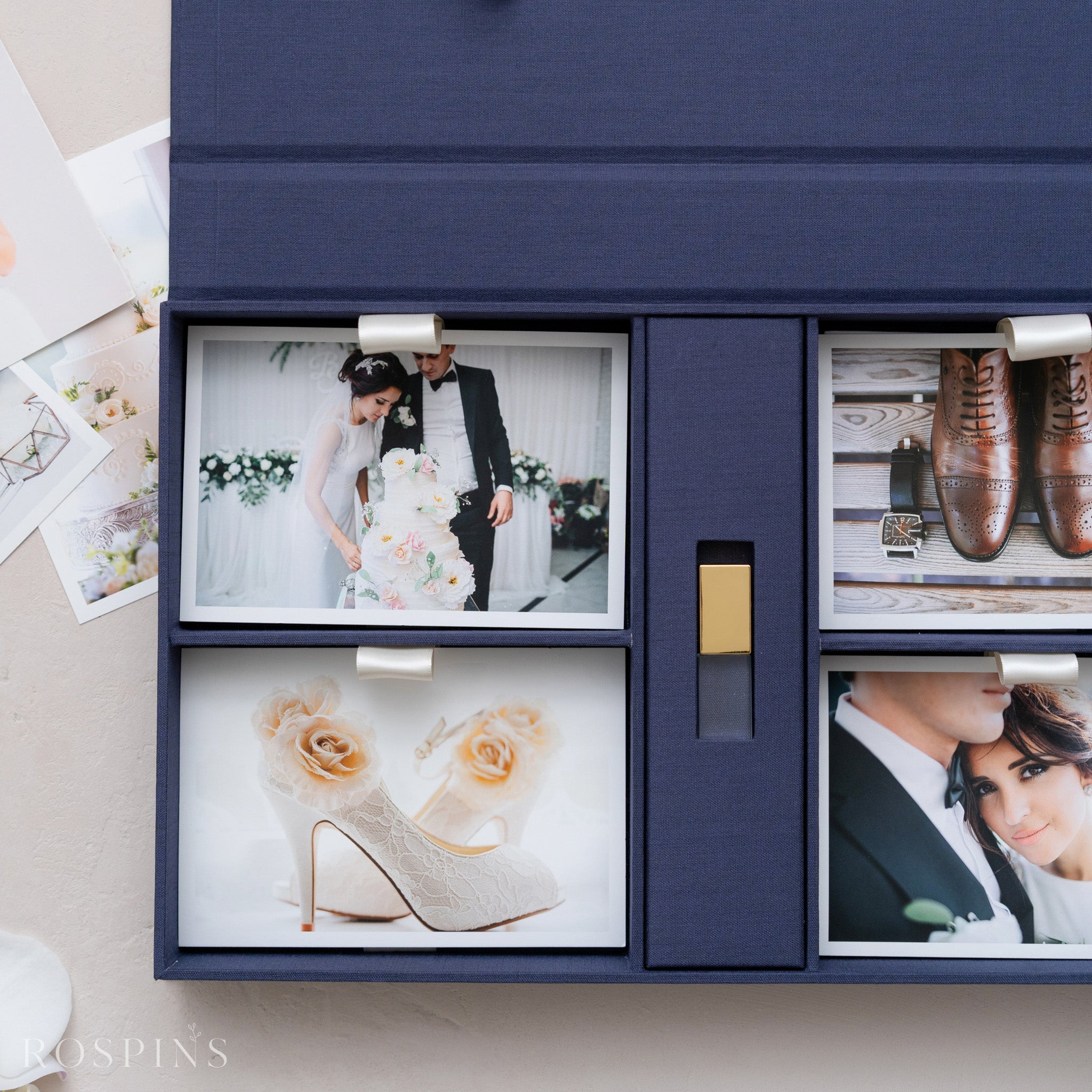 Linen Four-Compartment Photo & USB Box - Navy