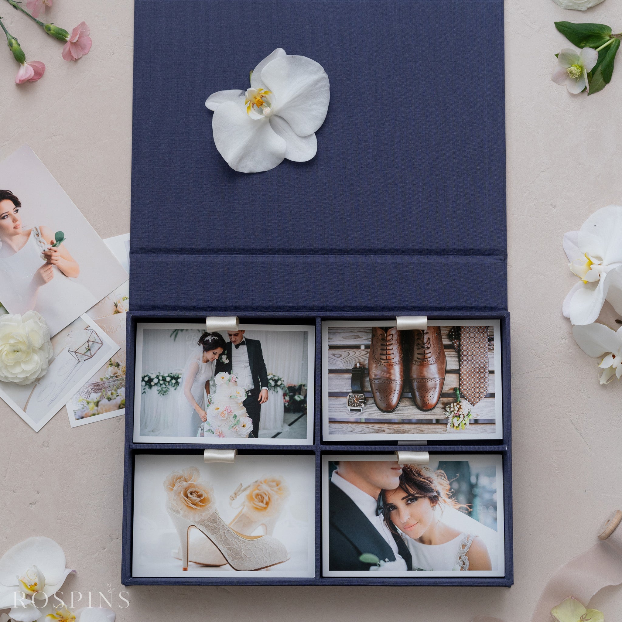 Linen Four-Compartment Photo Box - Navy