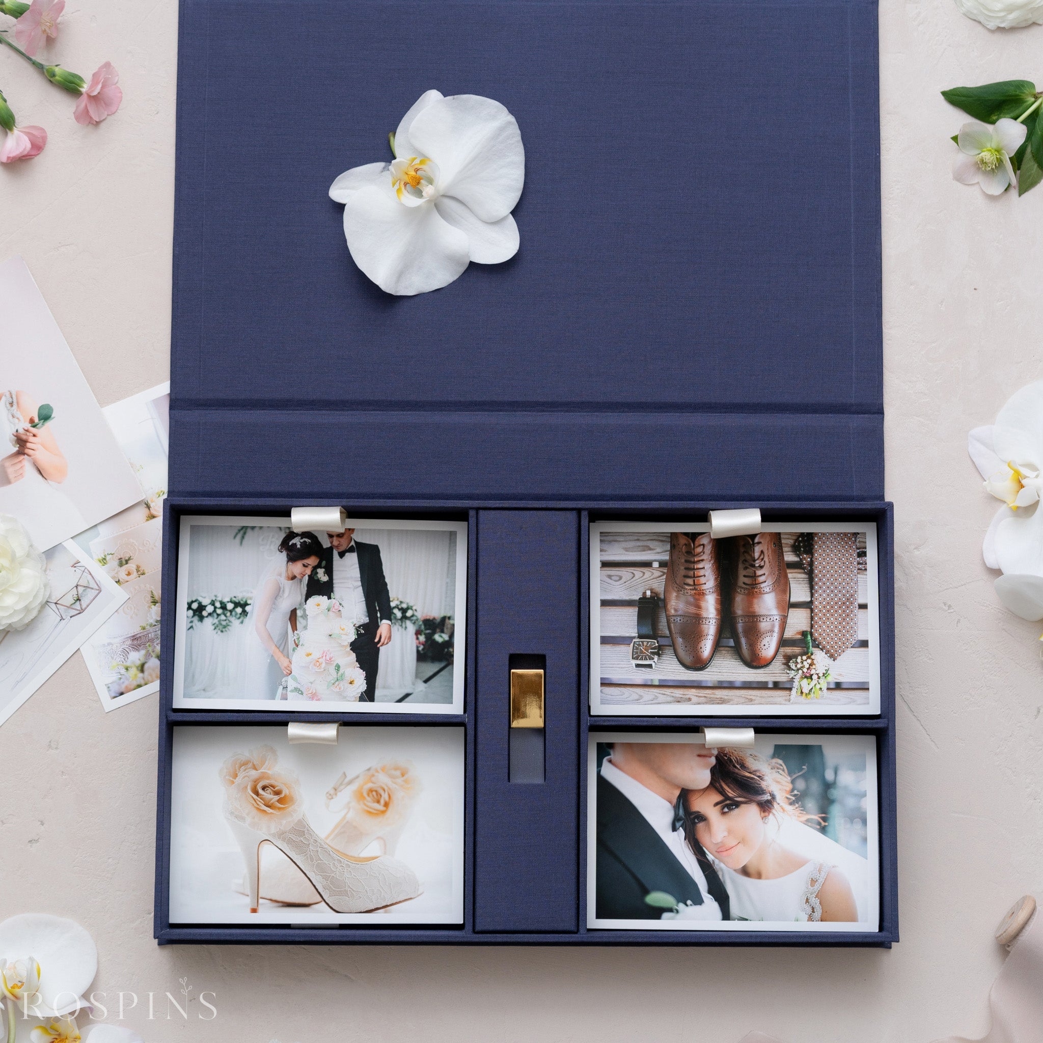 Linen Four-Compartment Photo & USB Box - Navy