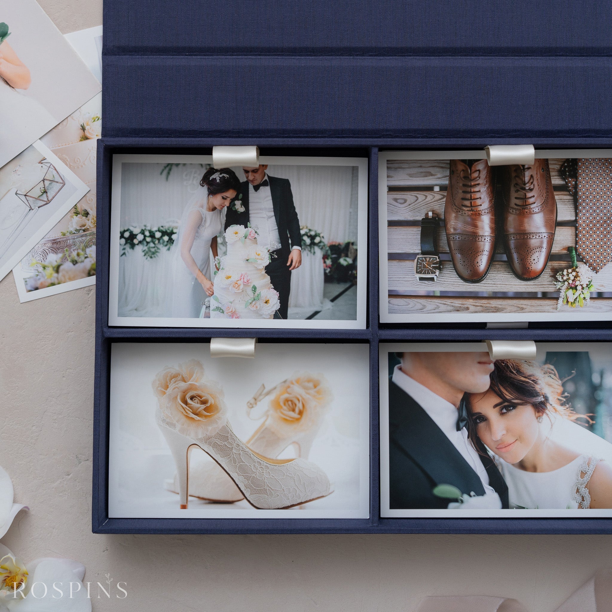 Linen Four-Compartment Photo Box - Navy