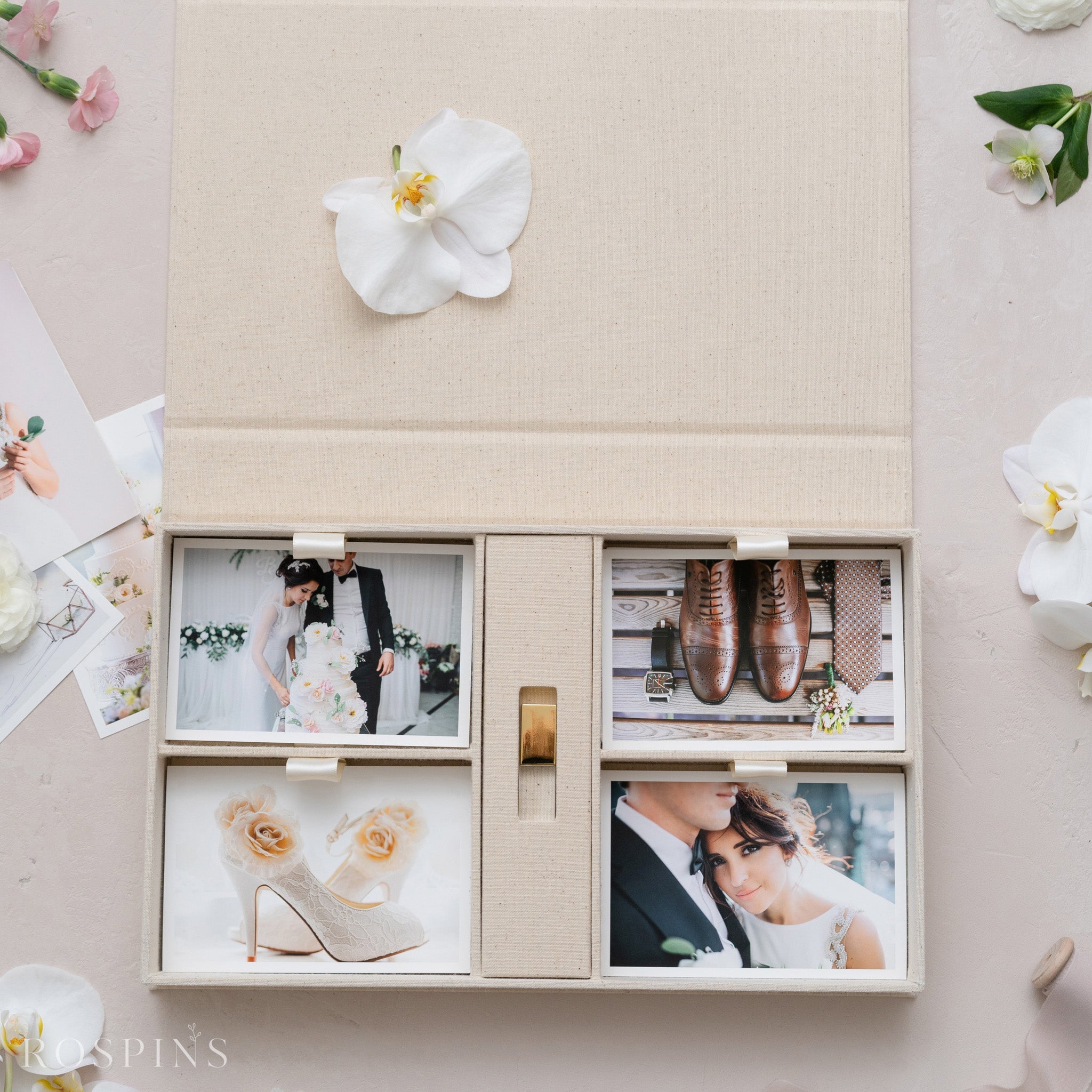 Linen Four-Compartment Photo & USB Box - New Natural Llinen