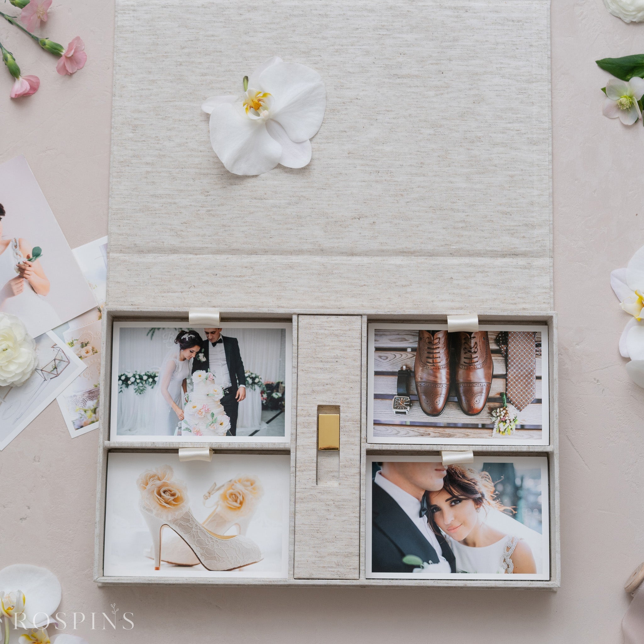 Linen Four-Compartment Photo & USB Box - Stratum Linen