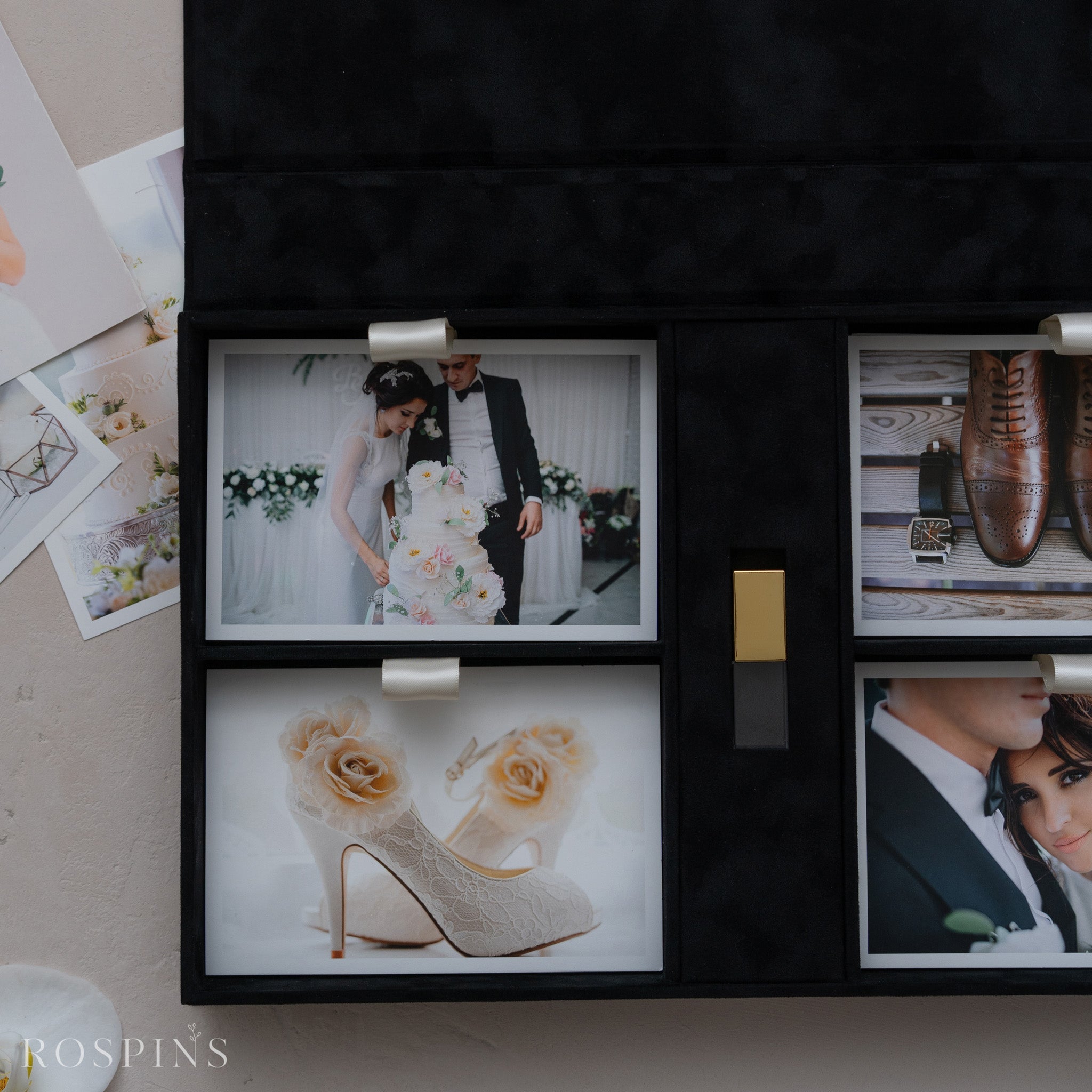 Velvet Four-Compartment Photo & USB Box - Black