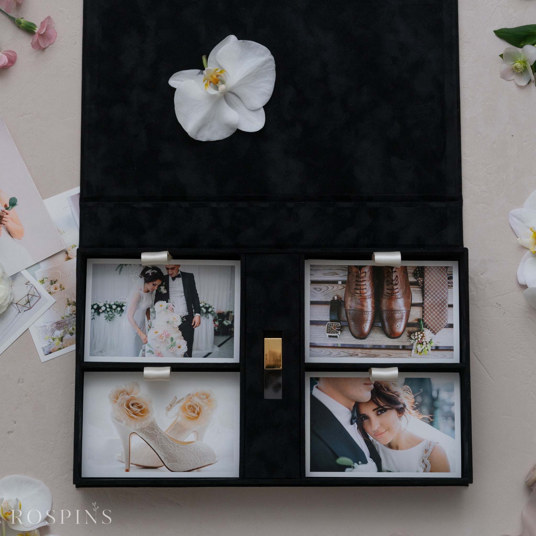 Velvet Four-Compartment Photo & USB Box - Black