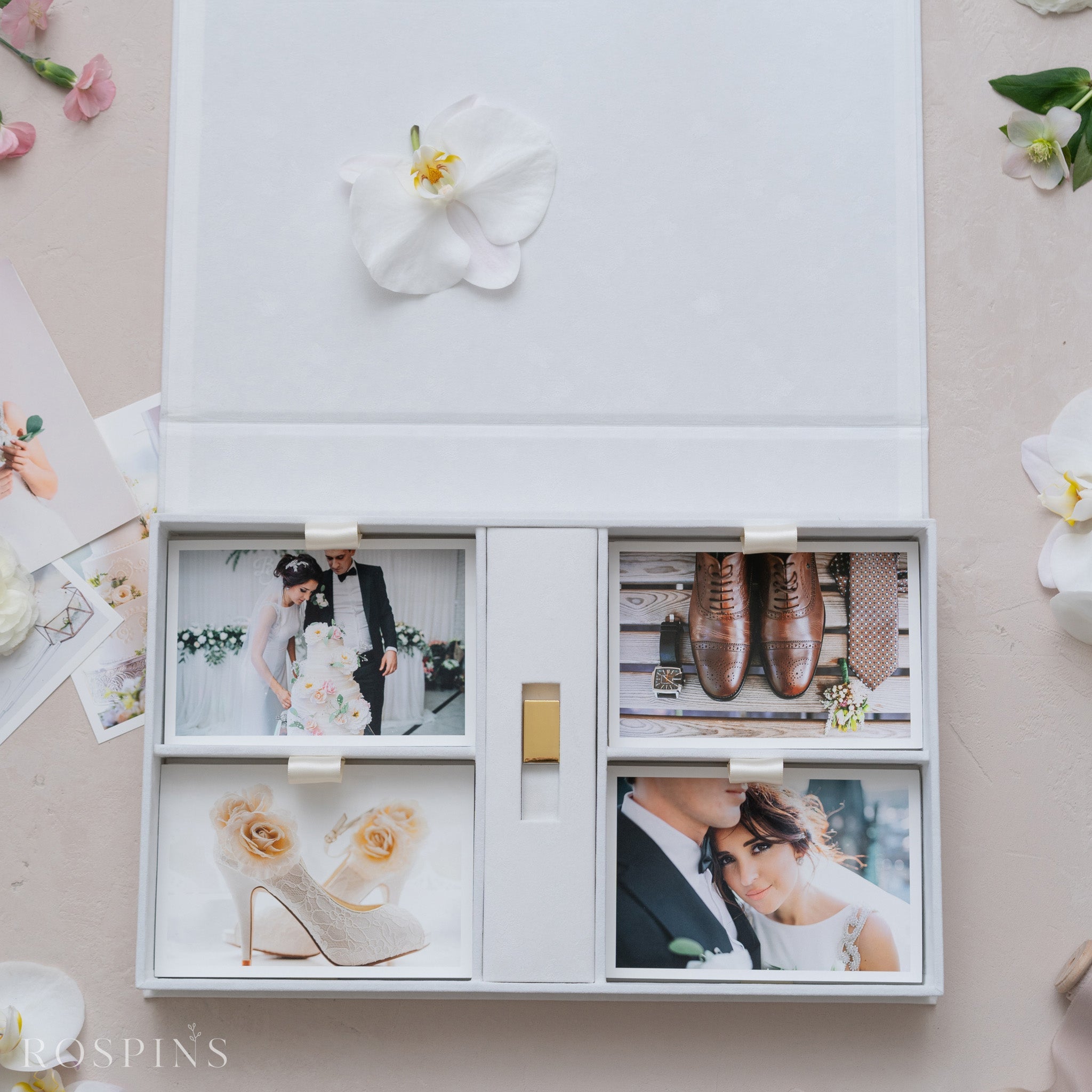 Velvet Four-Compartment Photo & USB Box - Bright White