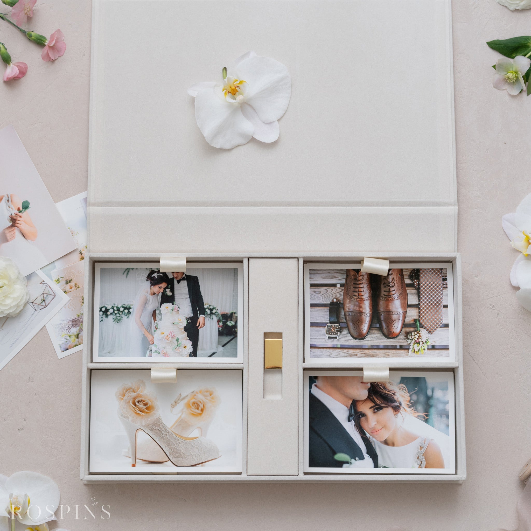 Velvet Four-Compartment Photo & USB Box - Champagne