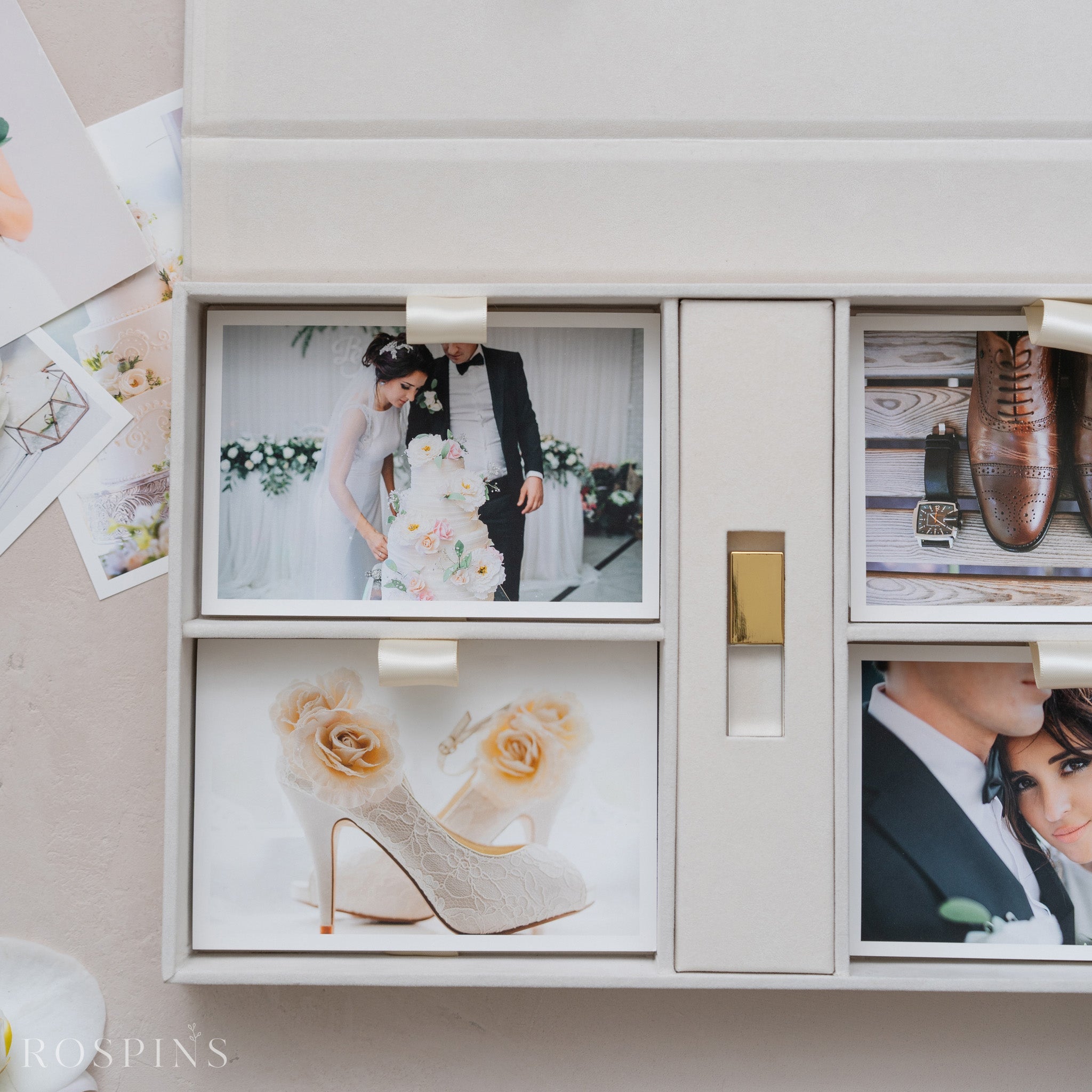 Velvet Four-Compartment Photo & USB Box - Champagne