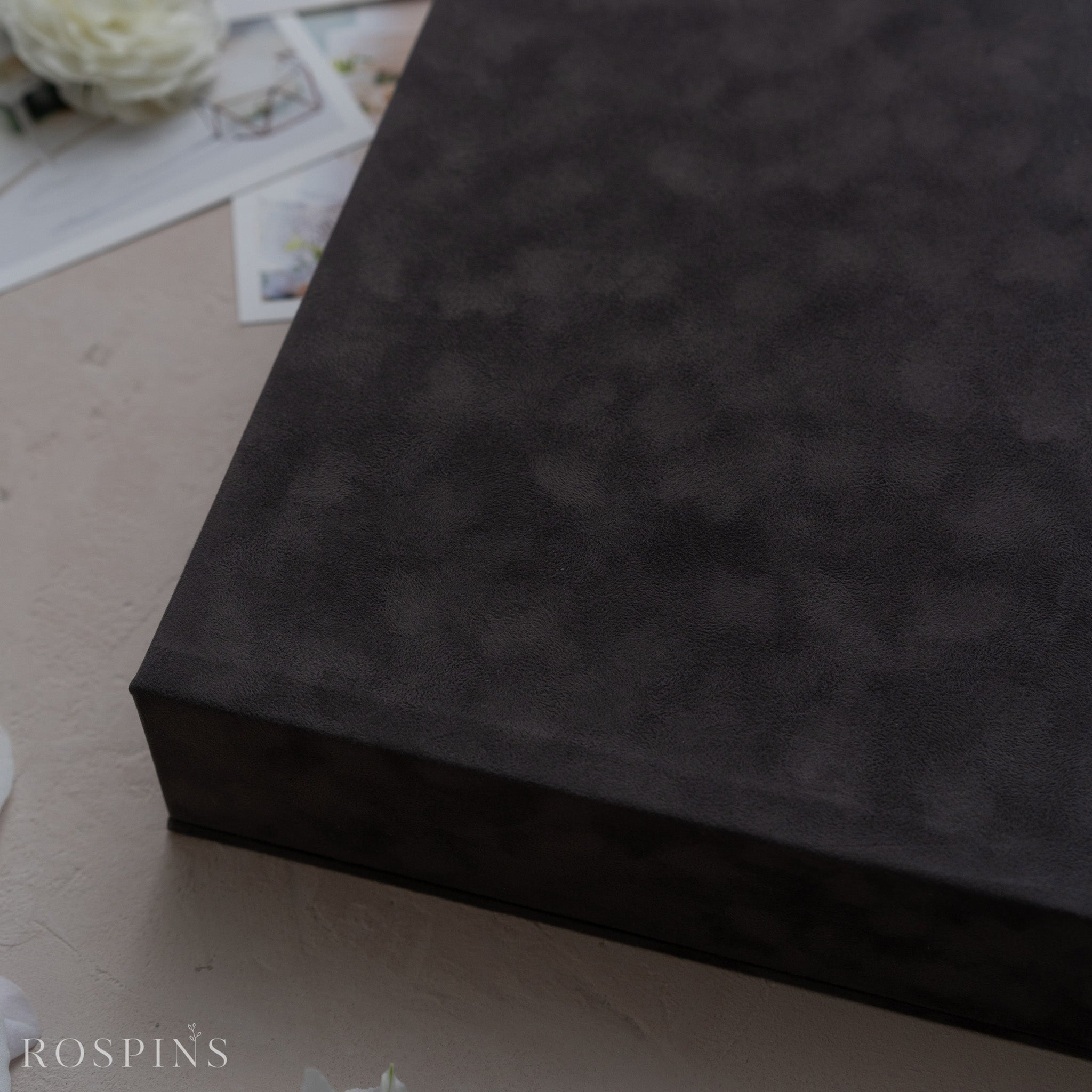 Velvet Four-Compartment Photo & USB Box - Charcoal Grey