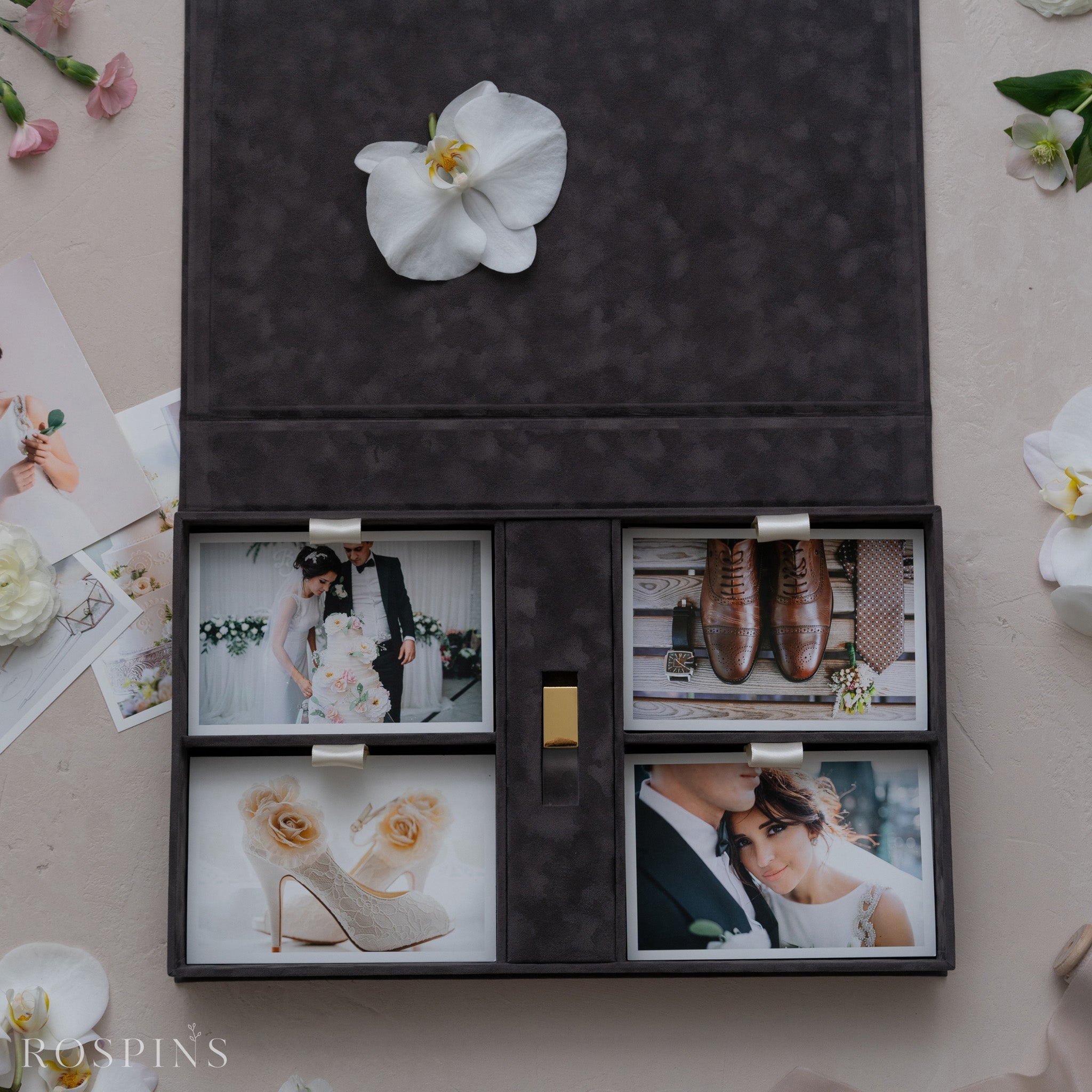 Velvet Four-Compartment Photo & USB Box - Charcoal Grey