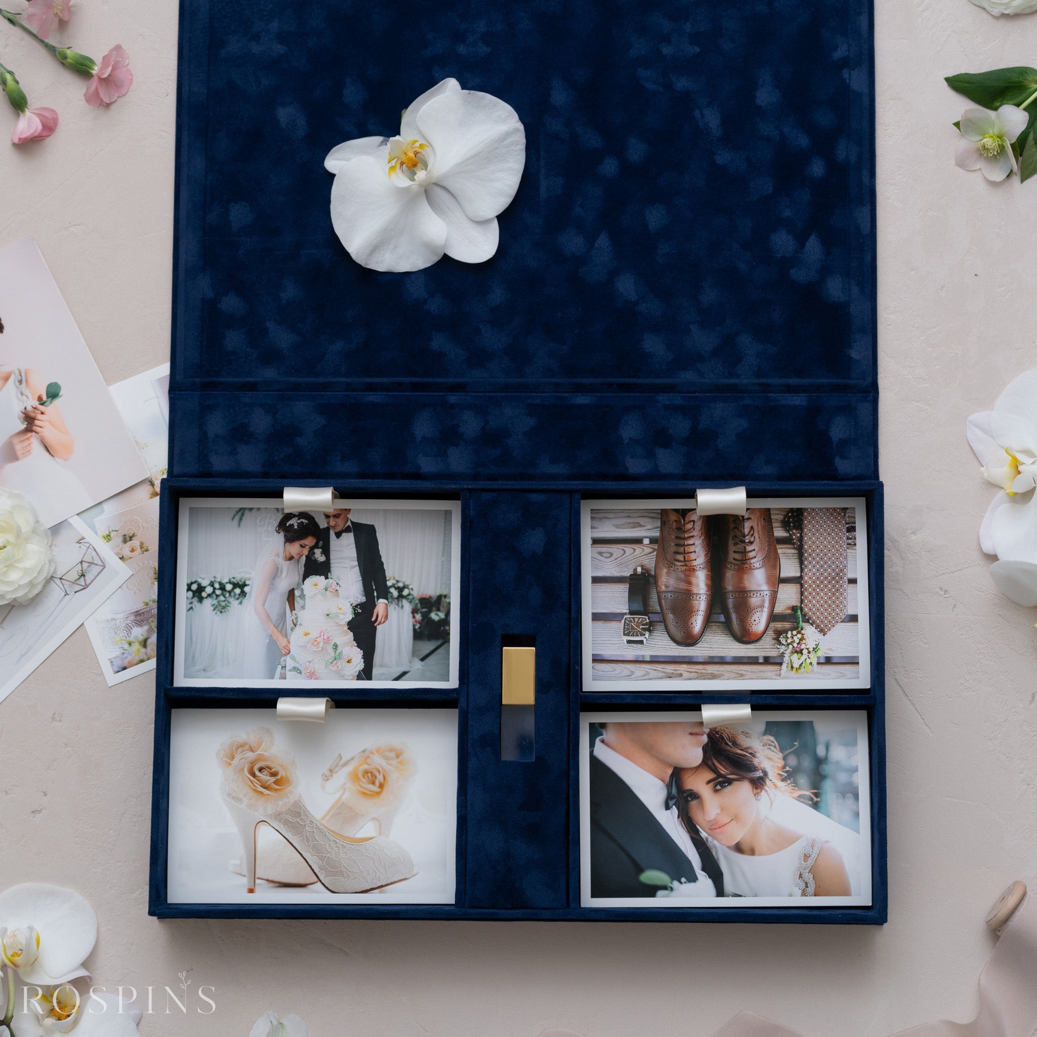 Velvet Four-Compartment Photo & USB Box - Deep Blue