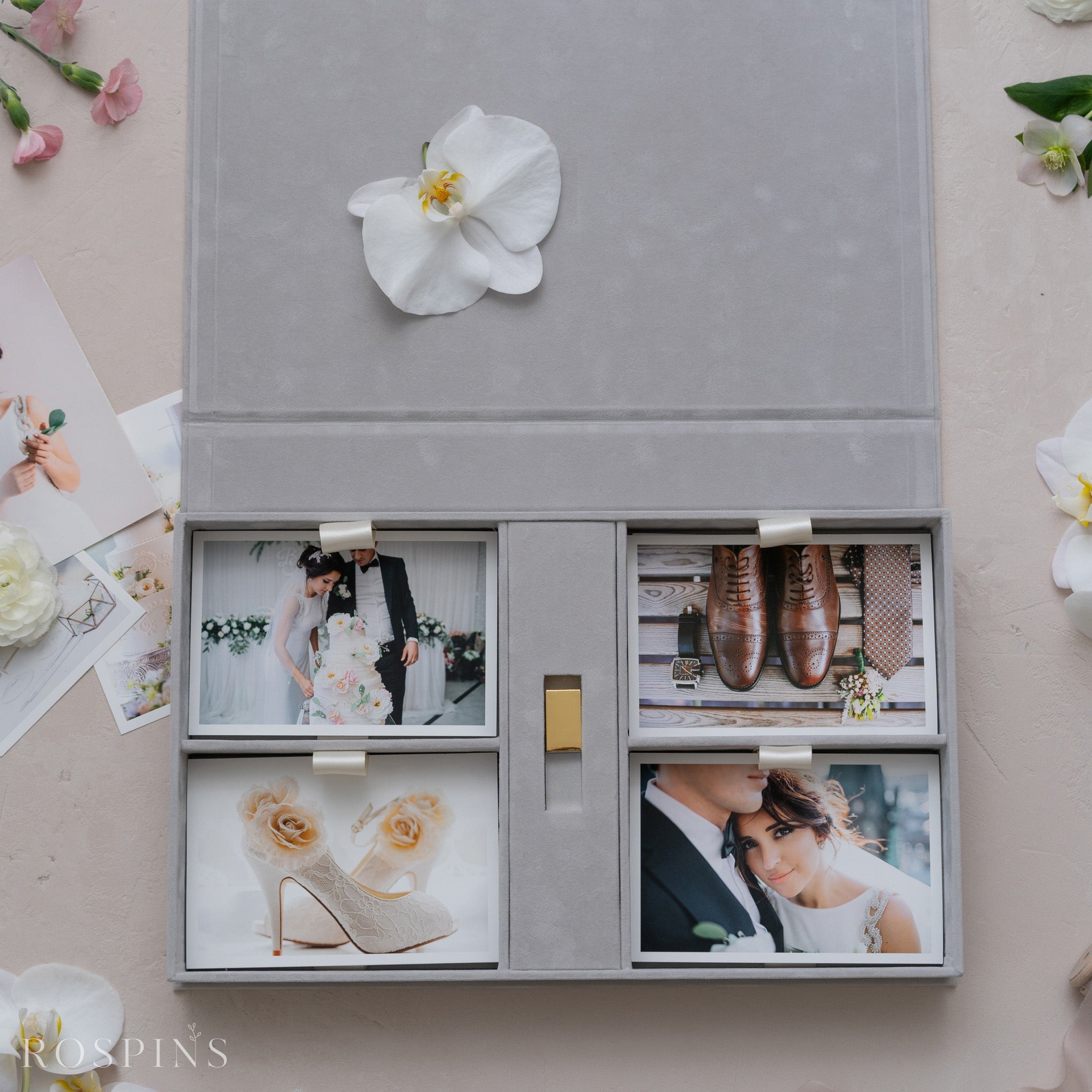 Velvet Four-Compartment Photo & USB Box - Pale Grey