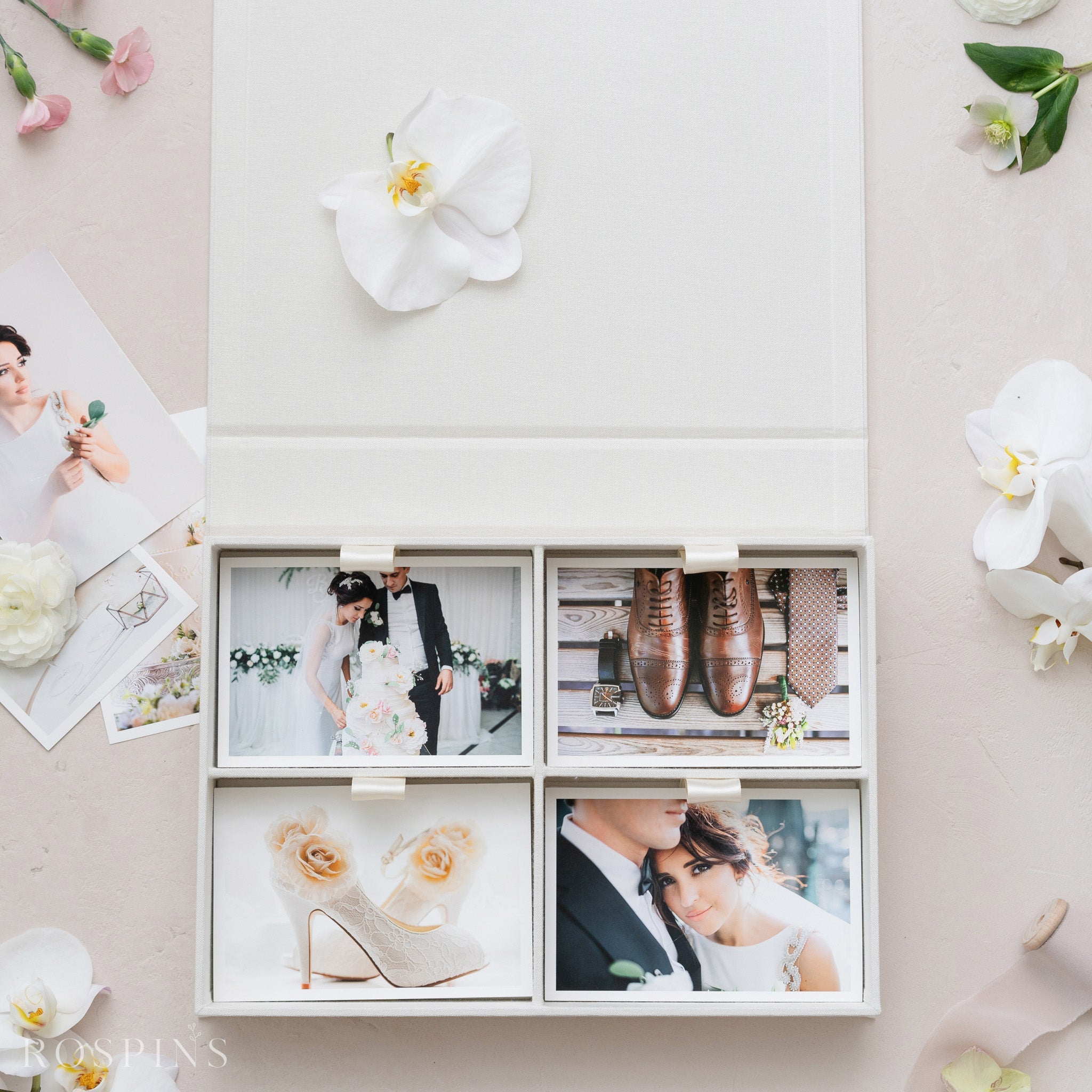 Linen Four-Compartment Photo Box - Creamy White