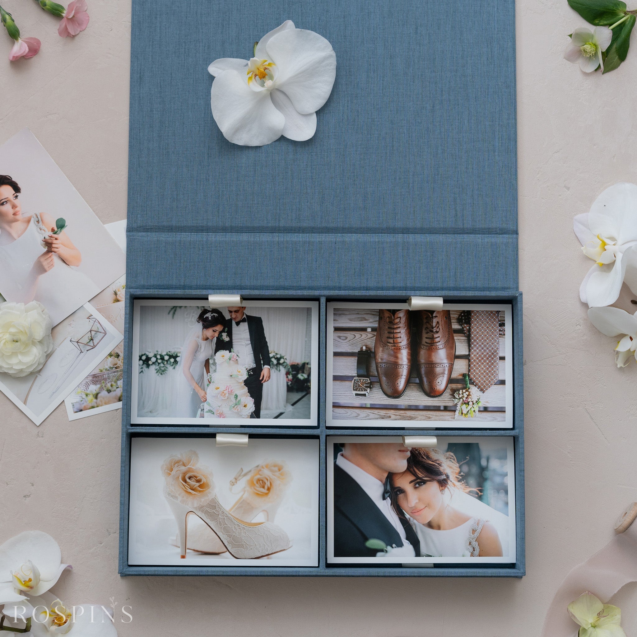 Linen Four-Compartment Photo Box - Lake Blue