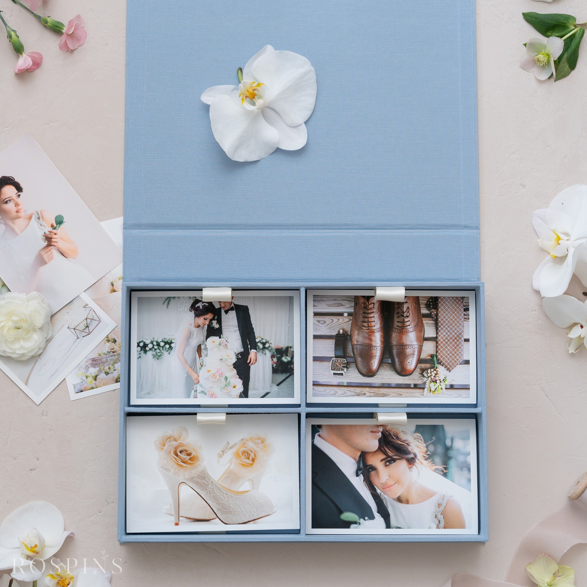 Linen Four-Compartment Photo Box - Light Blue