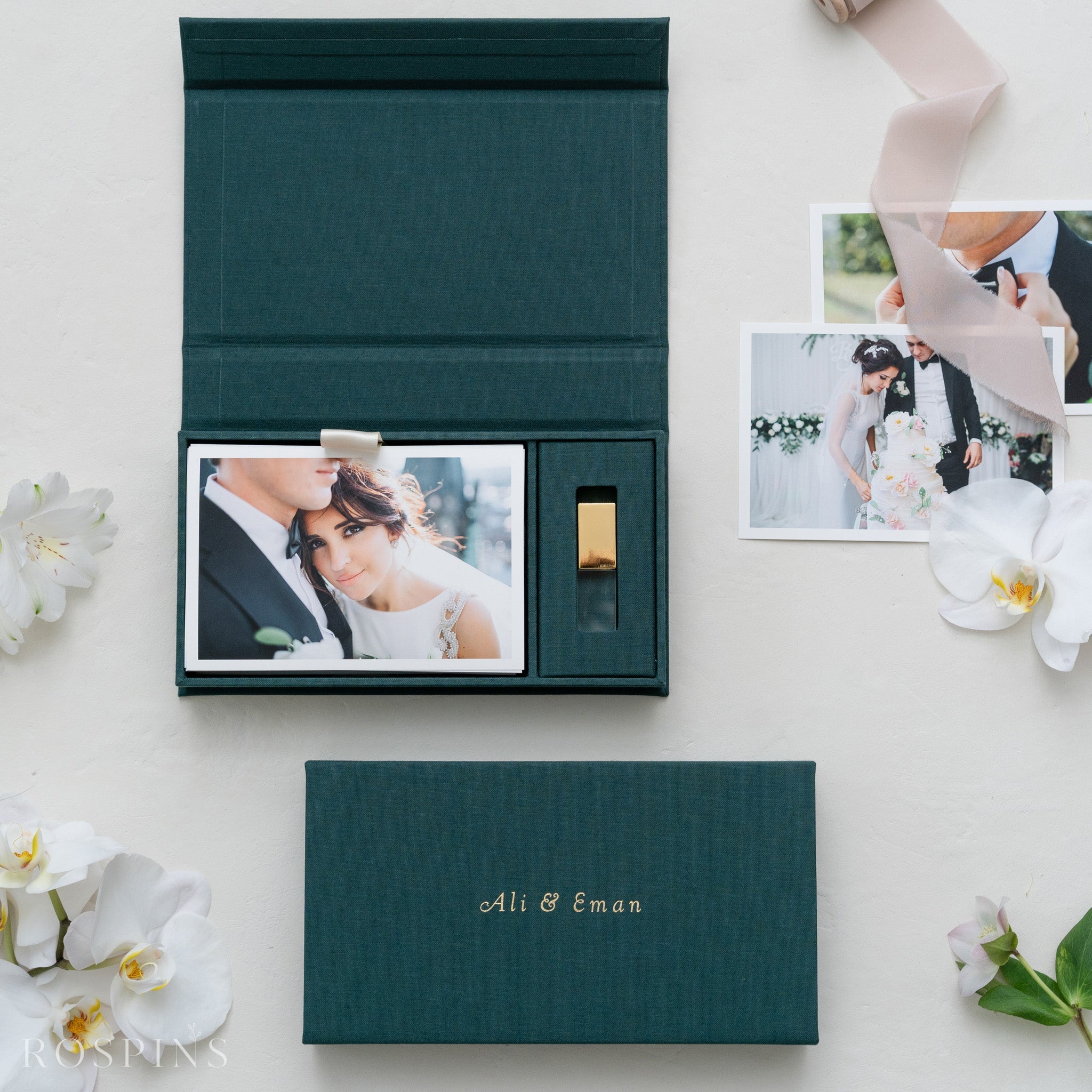 Linen Photo & USB Box - Emerald Green