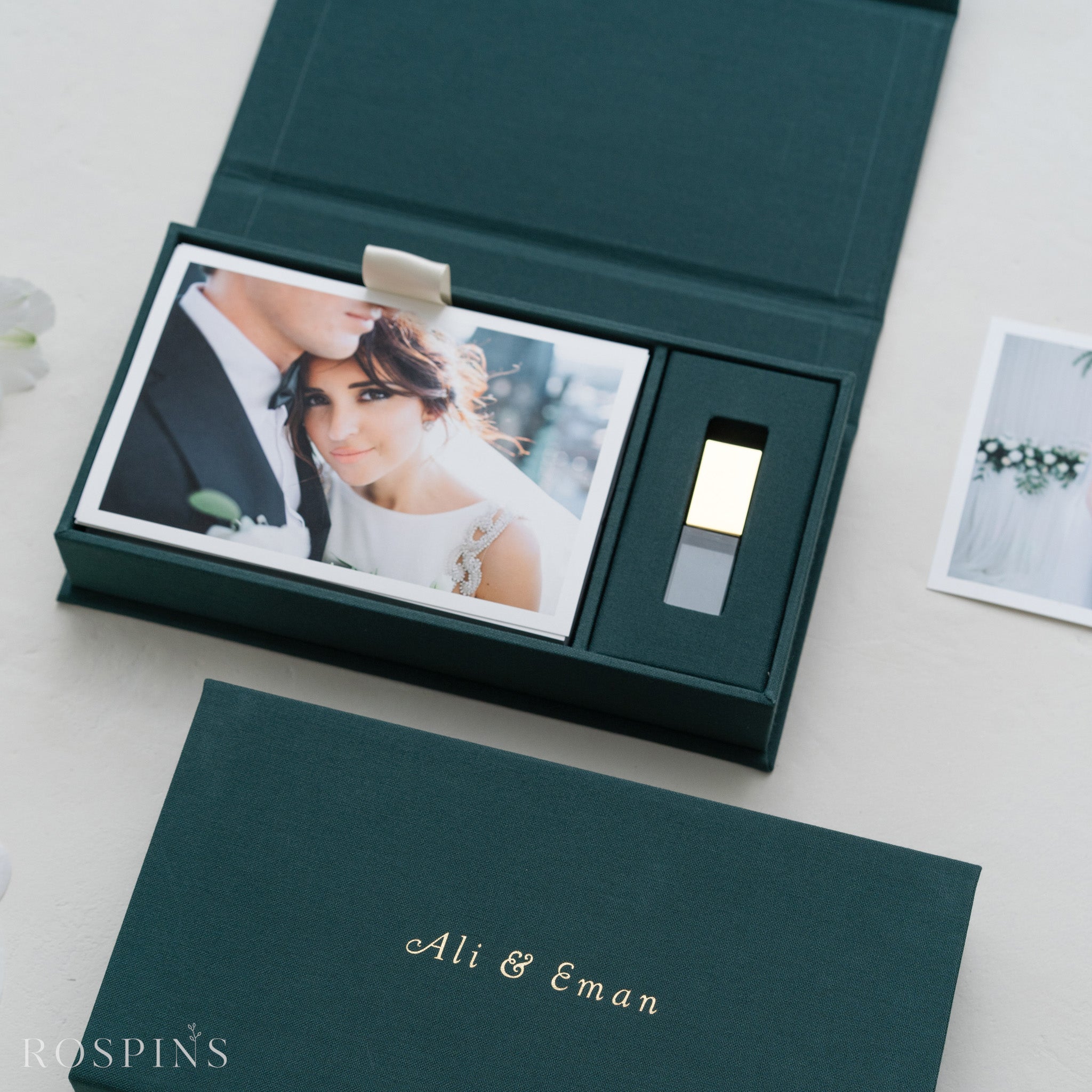 Linen Photo & USB Box - Emerald Green