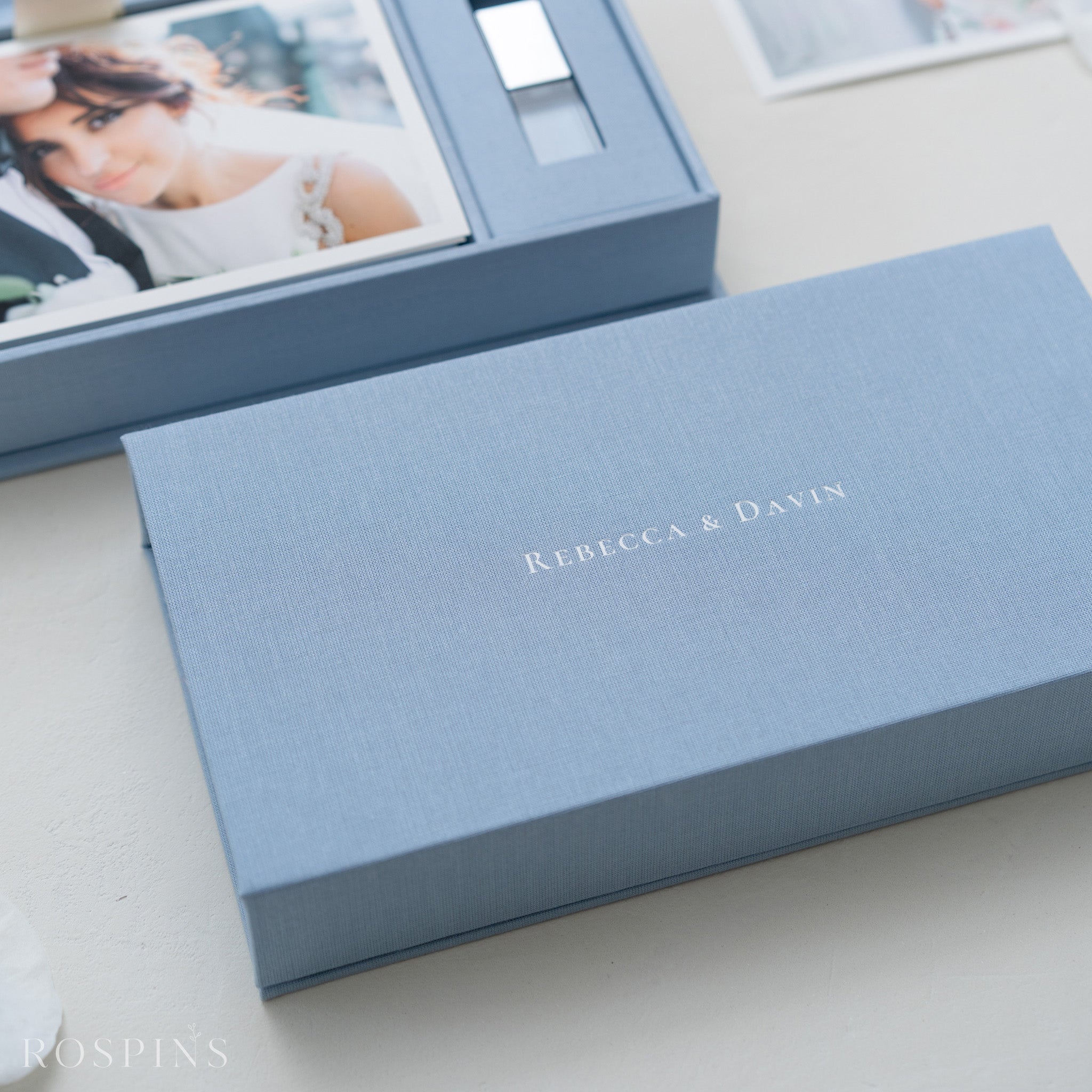 Linen Photo & USB Box - Light Blue