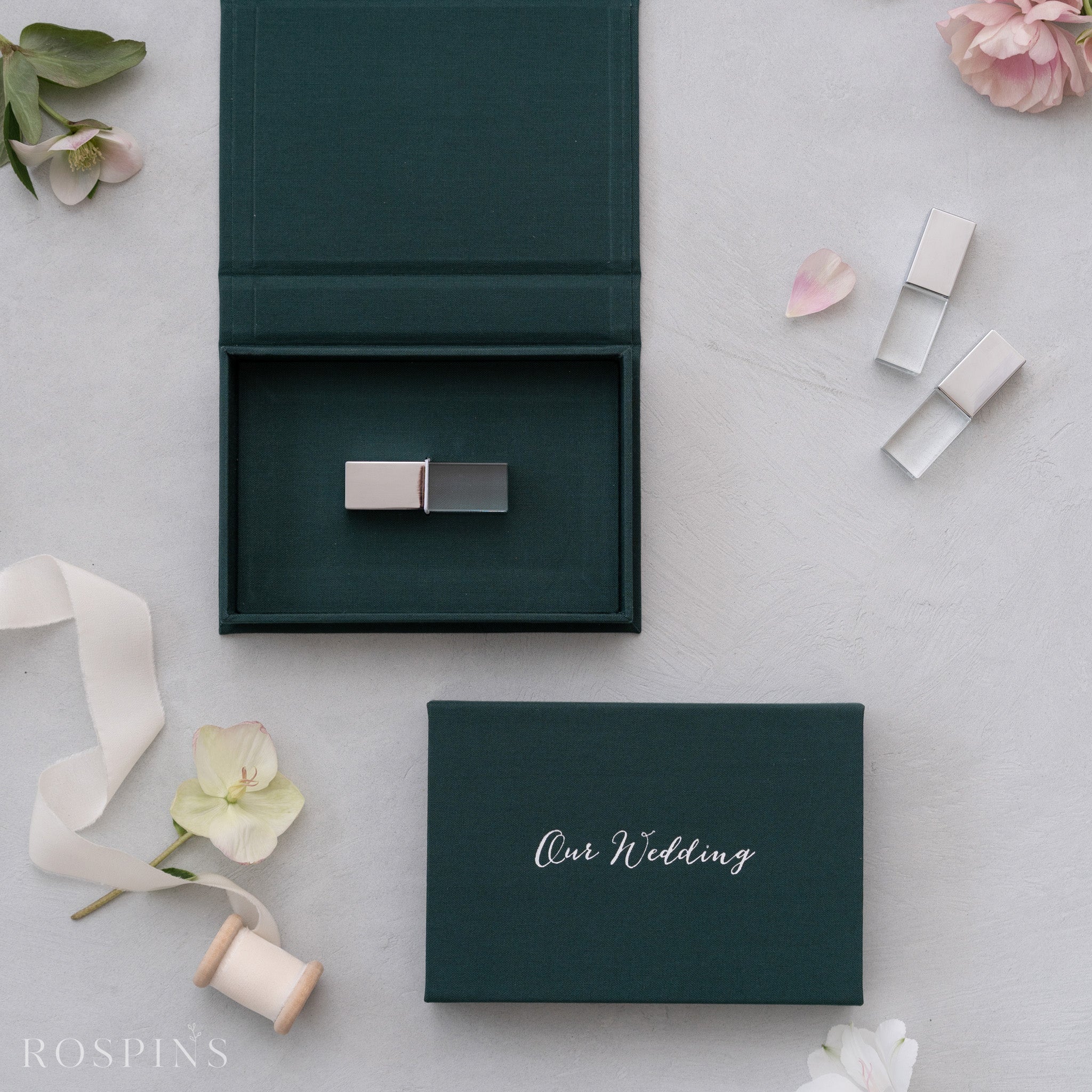 Linen USB Box -Emerald Green